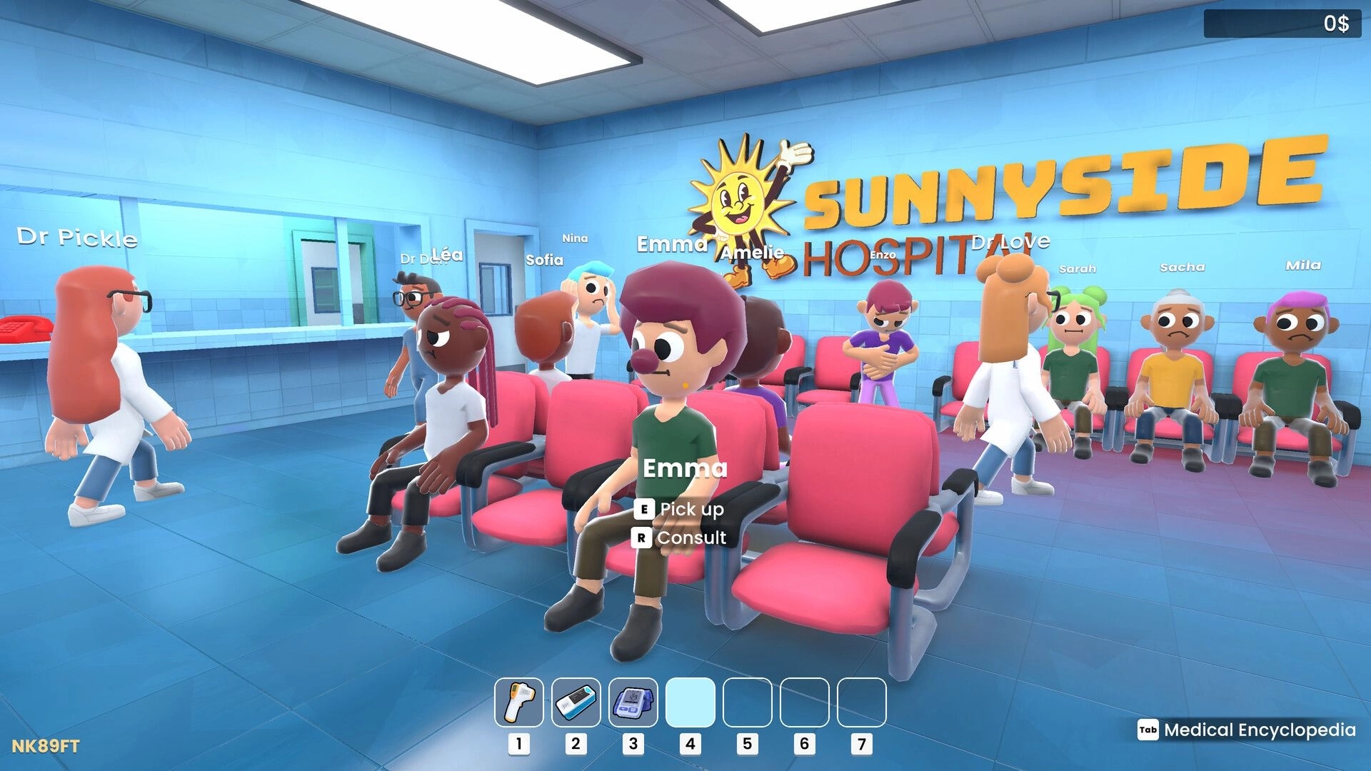 Vital Decisions: Consulting patient Emma in Sunnyside Hospital waiting room with seated patients and hotbar UI.