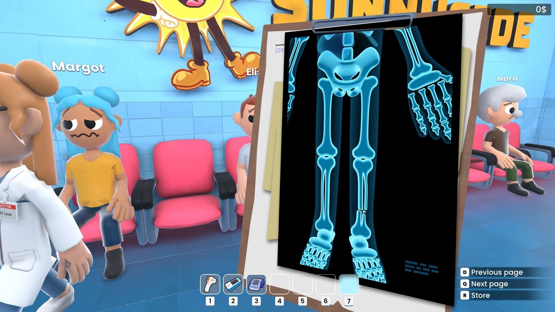 Vital Decisions: Reviewing an X-ray clipboard beside waiting patients in a colorful ER lobby area.