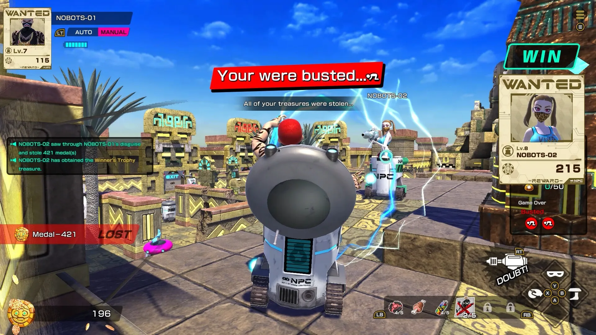 VIVA NOBOTS: NOBOTS-02 catches NOBOTS-01 disguised, stealing treasures in ancient city setting.