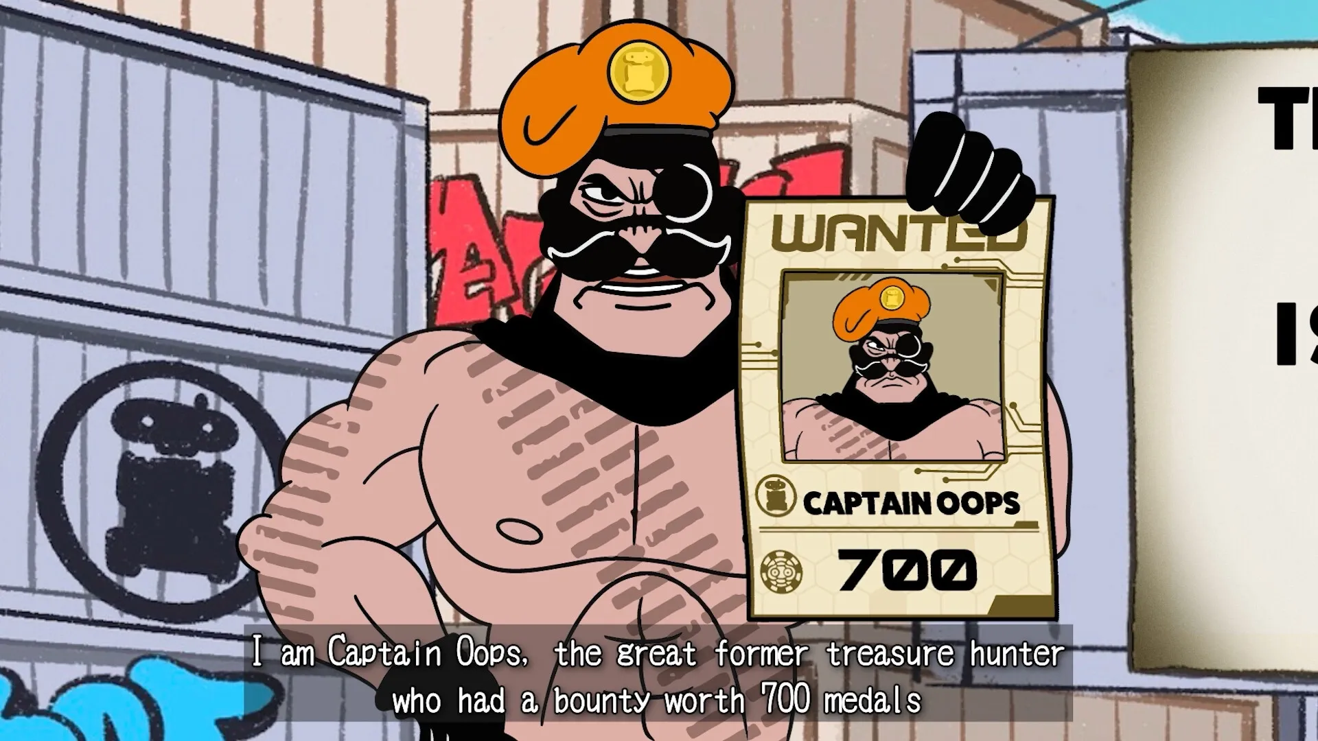VIVA NOBOTS: Captain Oops holding a wanted poster with a bounty in a graffiti-covered urban setting.