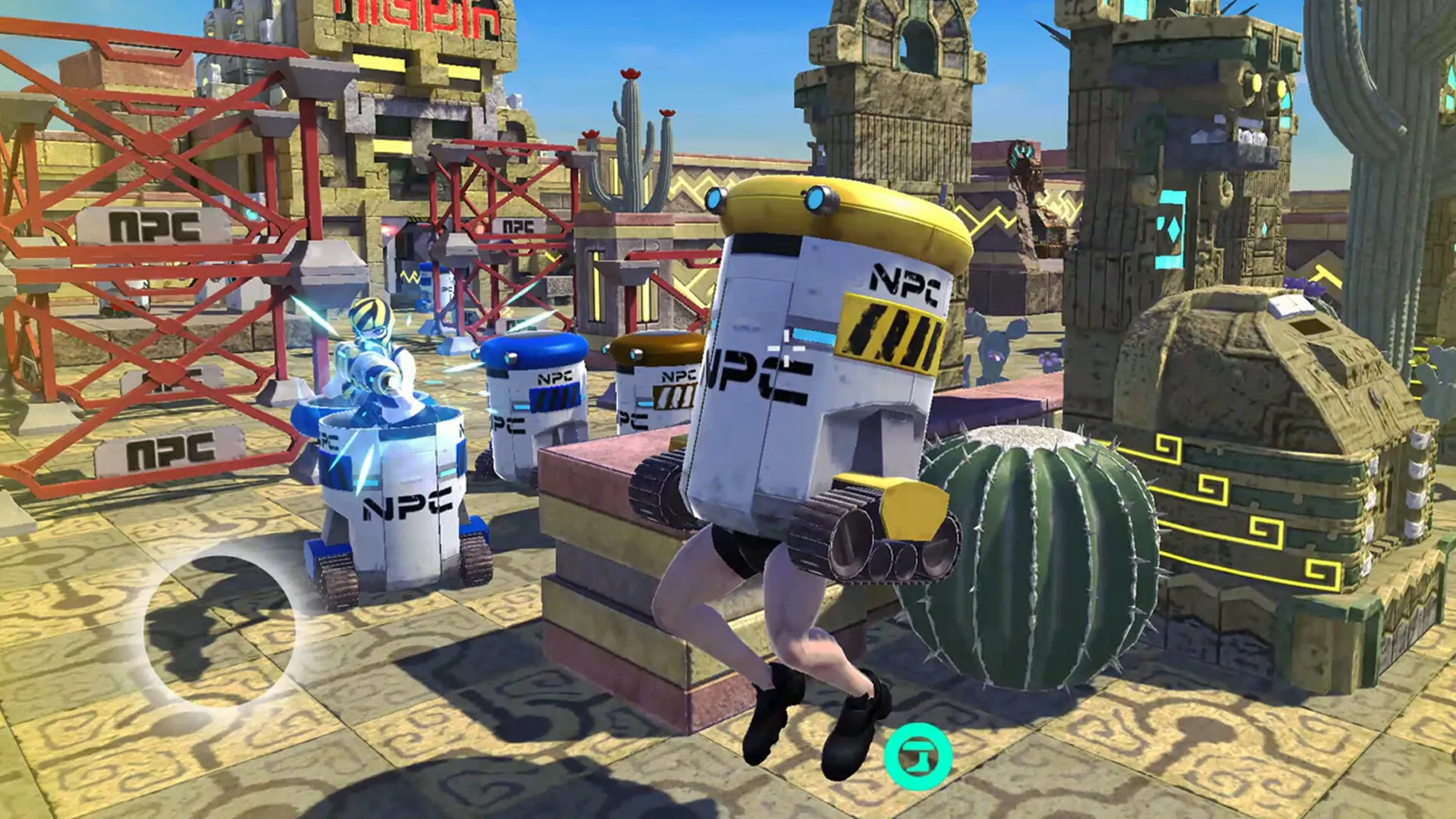 VIVA NOBOTS: Player disguised as a robot jumps near cactus in a desert-themed environment with structures.
