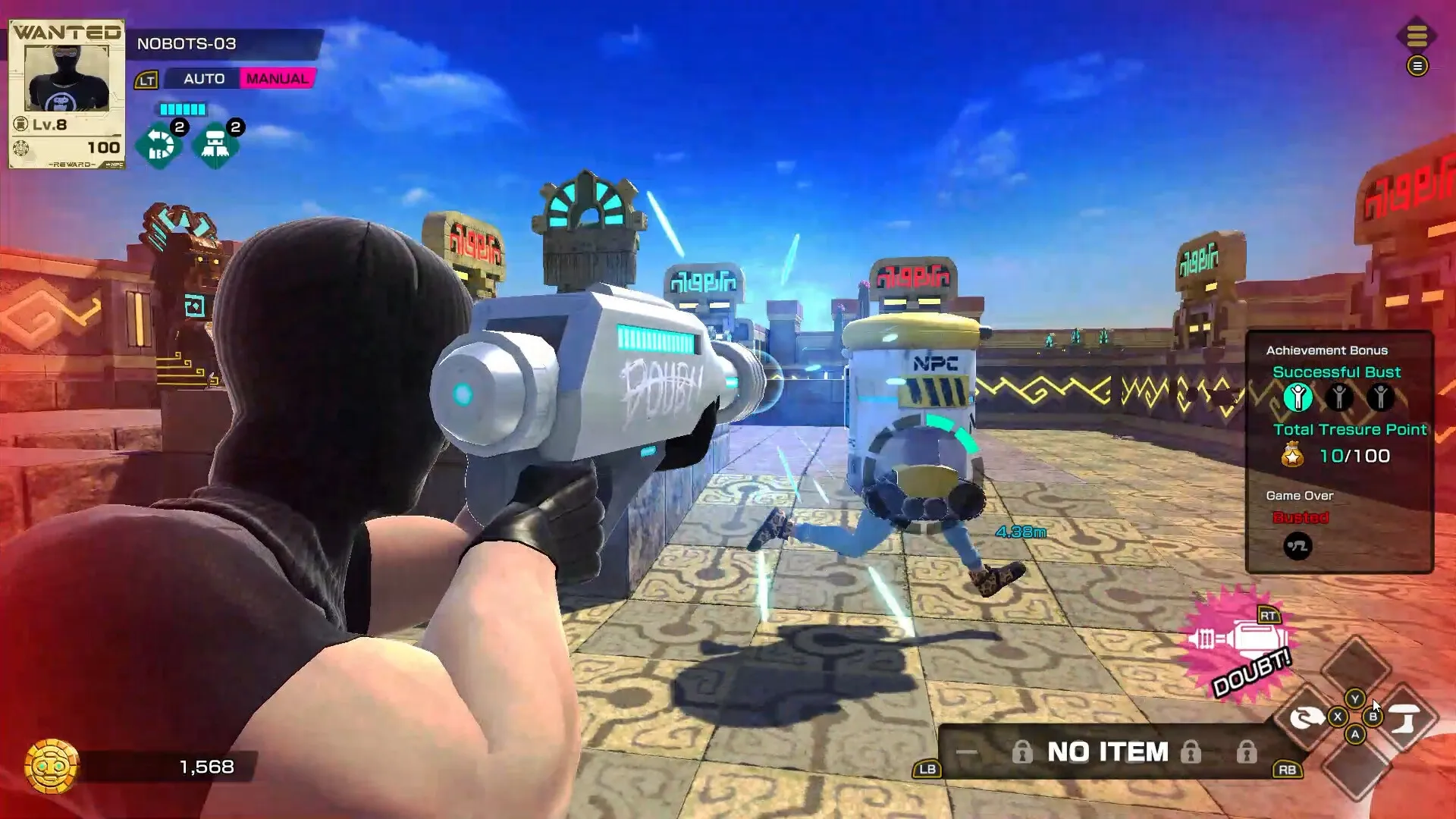 VIVA NOBOTS: Player aiming futuristic weapon at NPC robot on patterned rooftop with blue sky above