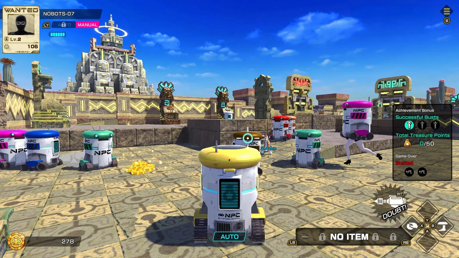 VIVA NOBOTS: NPC robots roam ancient temple courtyard while a player investigates, UI displays controls.