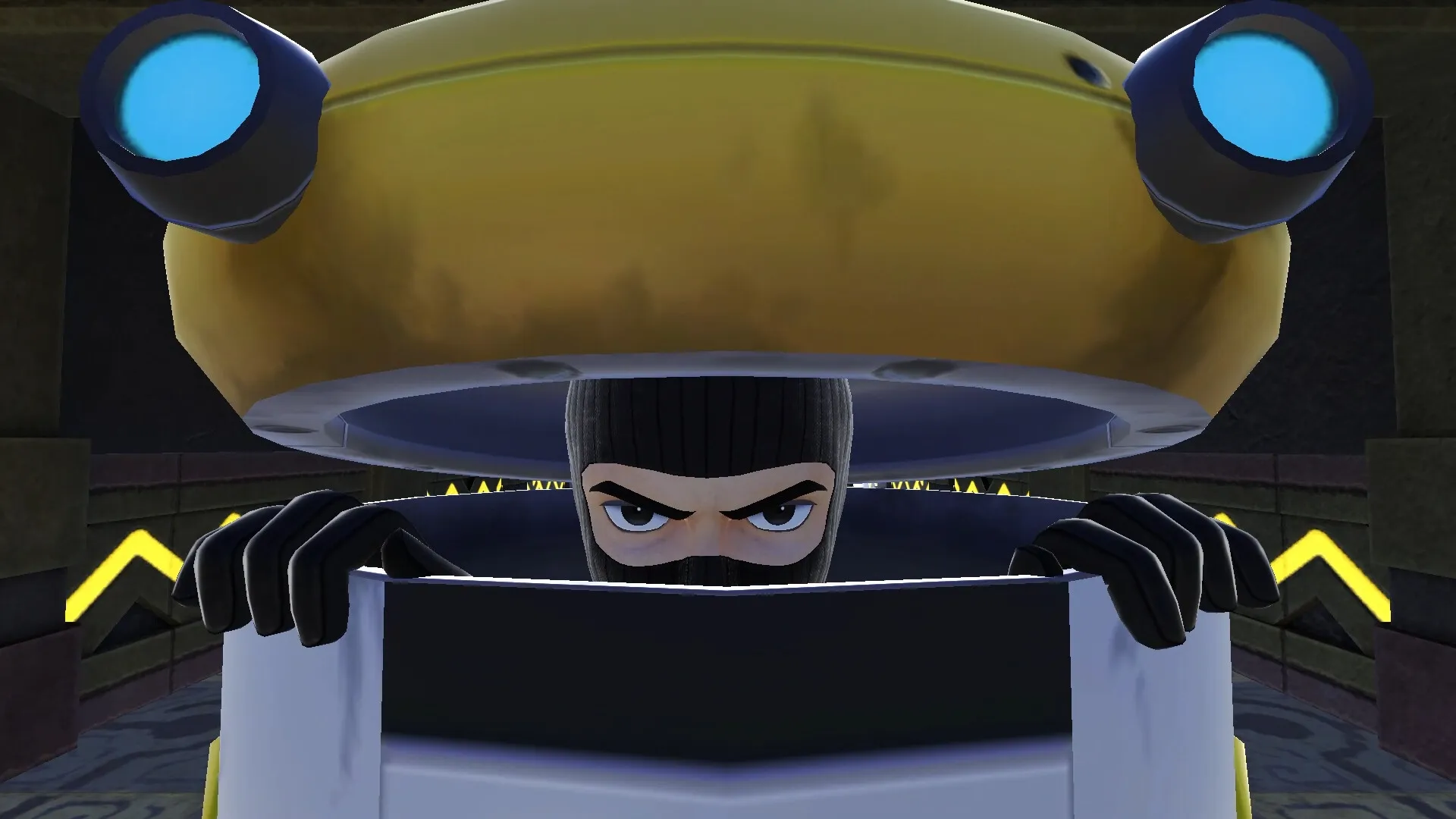 VIVA NOBOTS: Human disguised as robot peeking out from yellow robot shell in industrial setting
