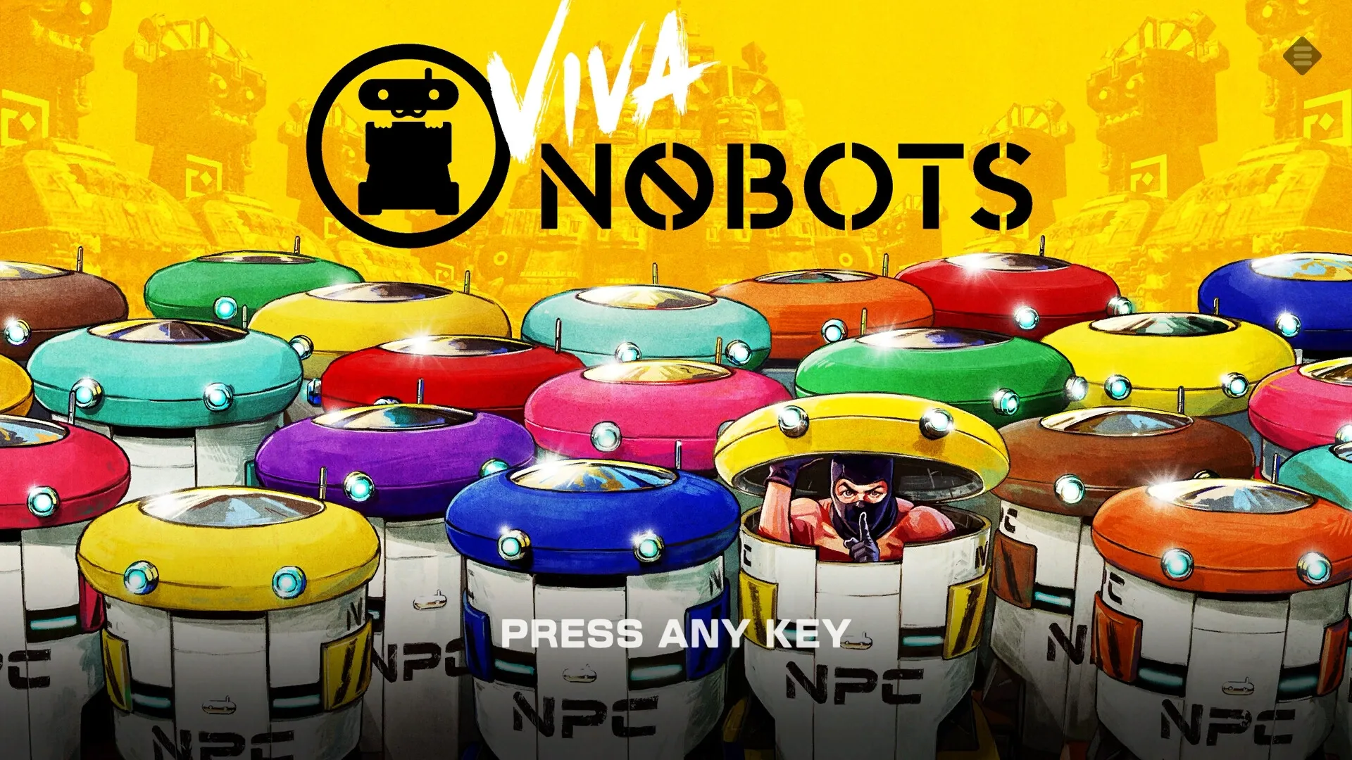 VIVA NOBOTS: Human hiding among colorful robot NPCs in vibrant futuristic setting with logo above.