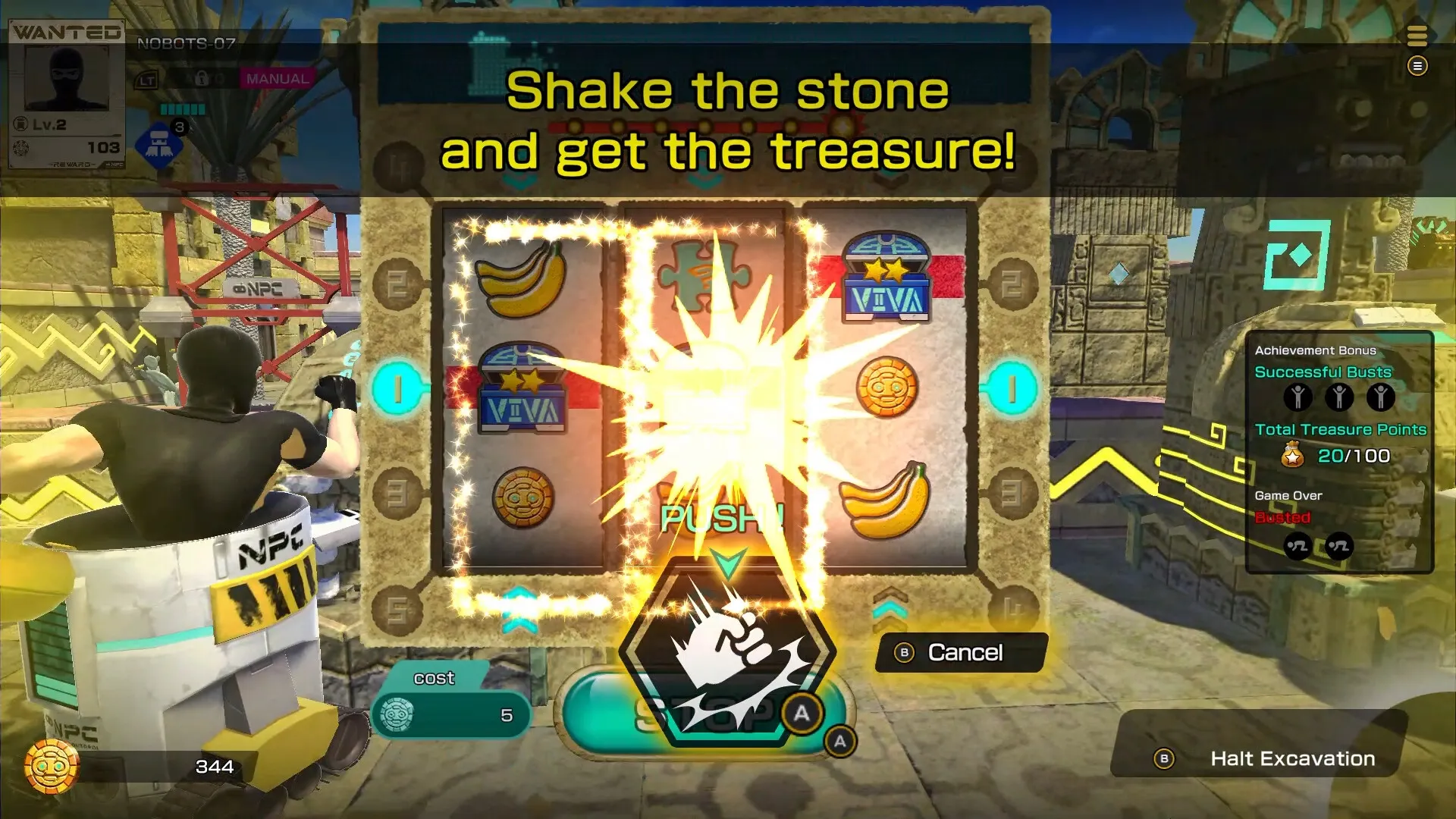 VIVA NOBOTS: Player shaking stone in ancient ruins setting, aiming to win treasure in slot machine game.