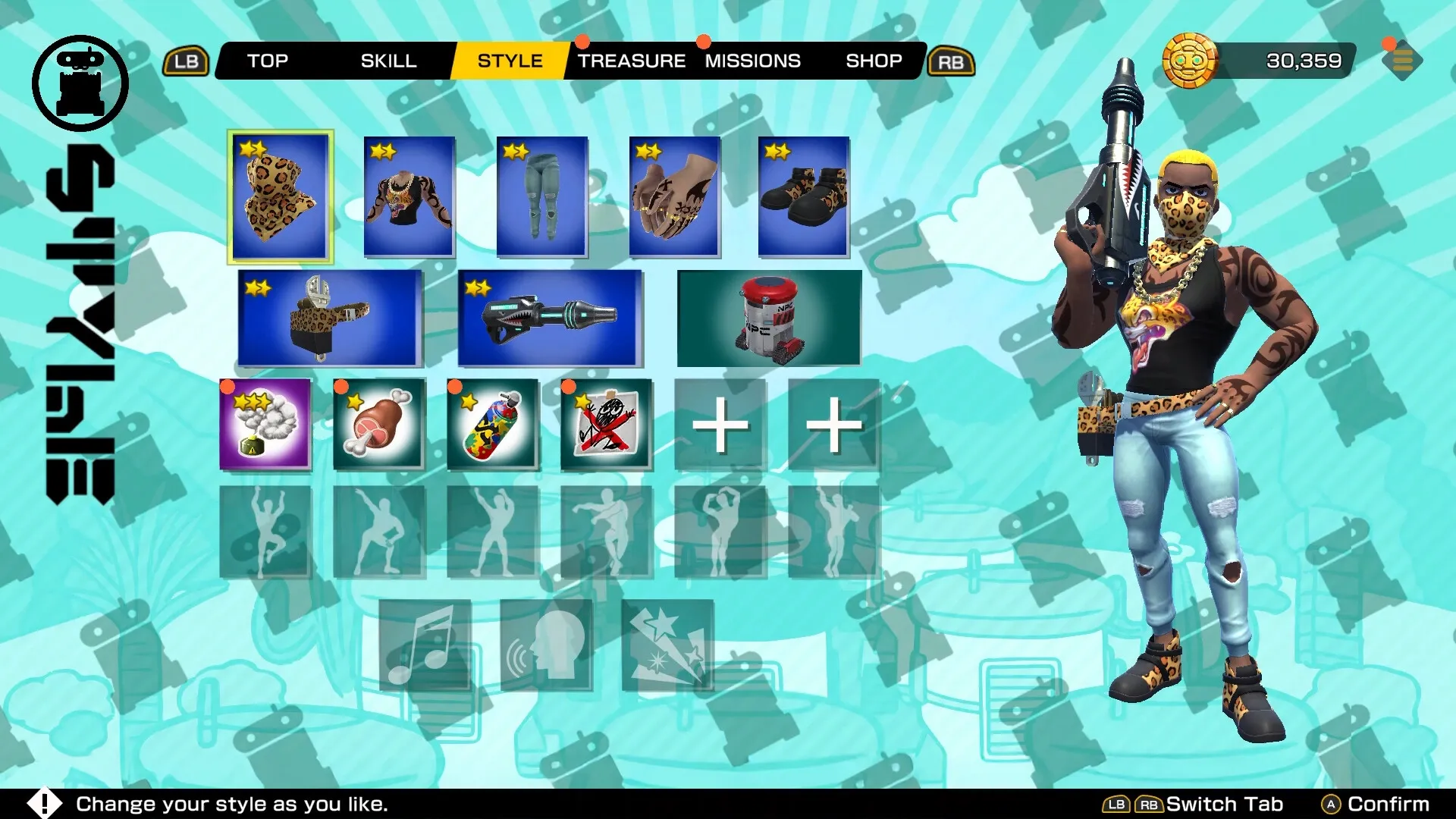 VIVA NOBOTS: Character customization screen with style options and avatar holding a weapon in shop environment