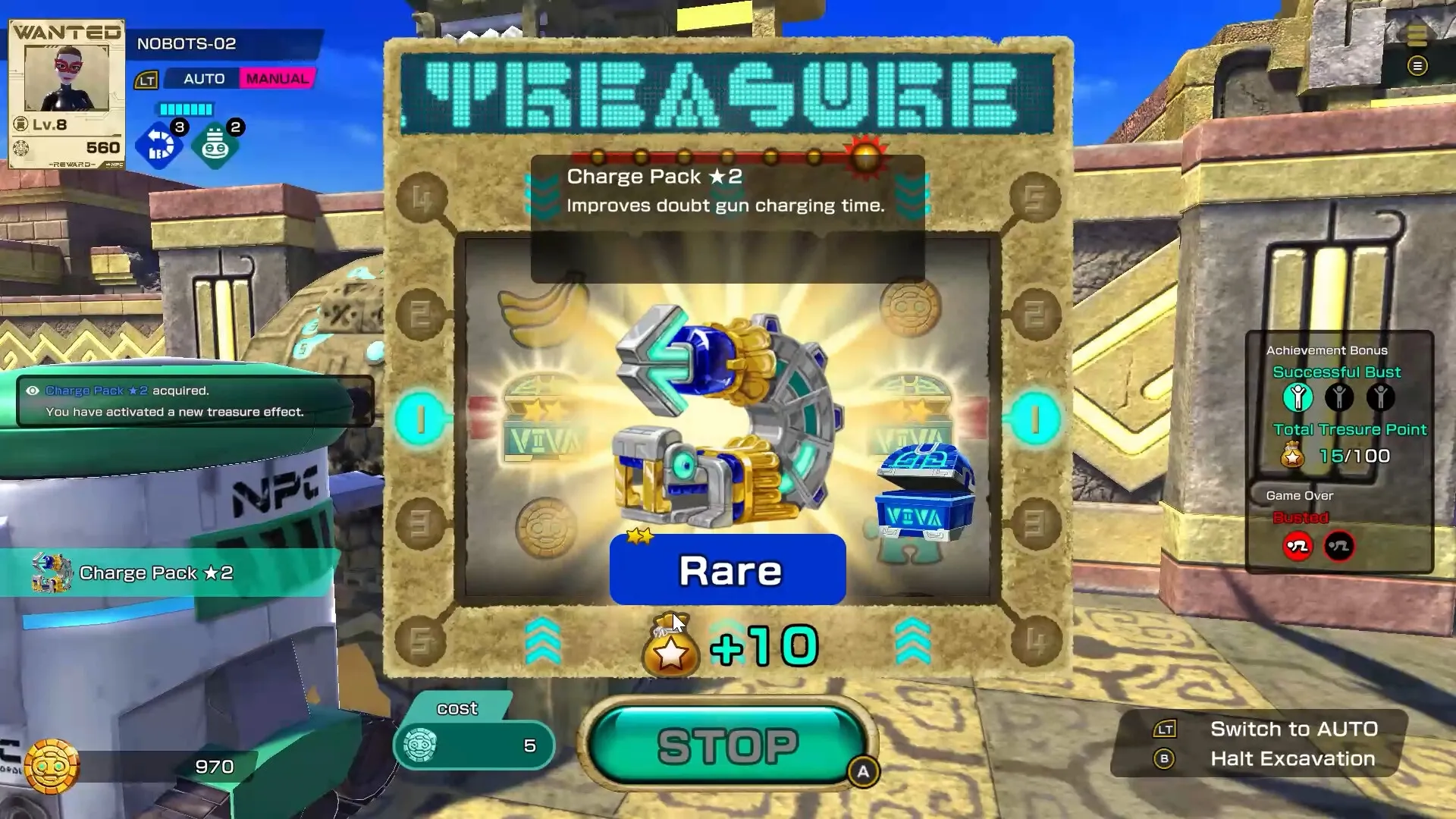 VIVA NOBOTS: Rare item found in treasure room with NPC nearby and various UI elements displayed