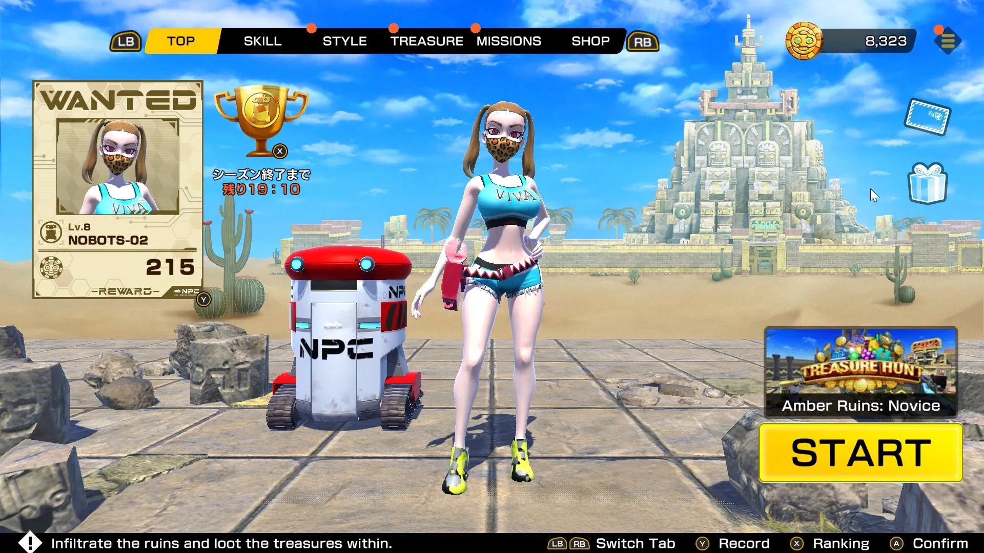 VIVA NOBOTS: Character NOBOTS-02 stands by NPC robot in desert ruins with start button visible