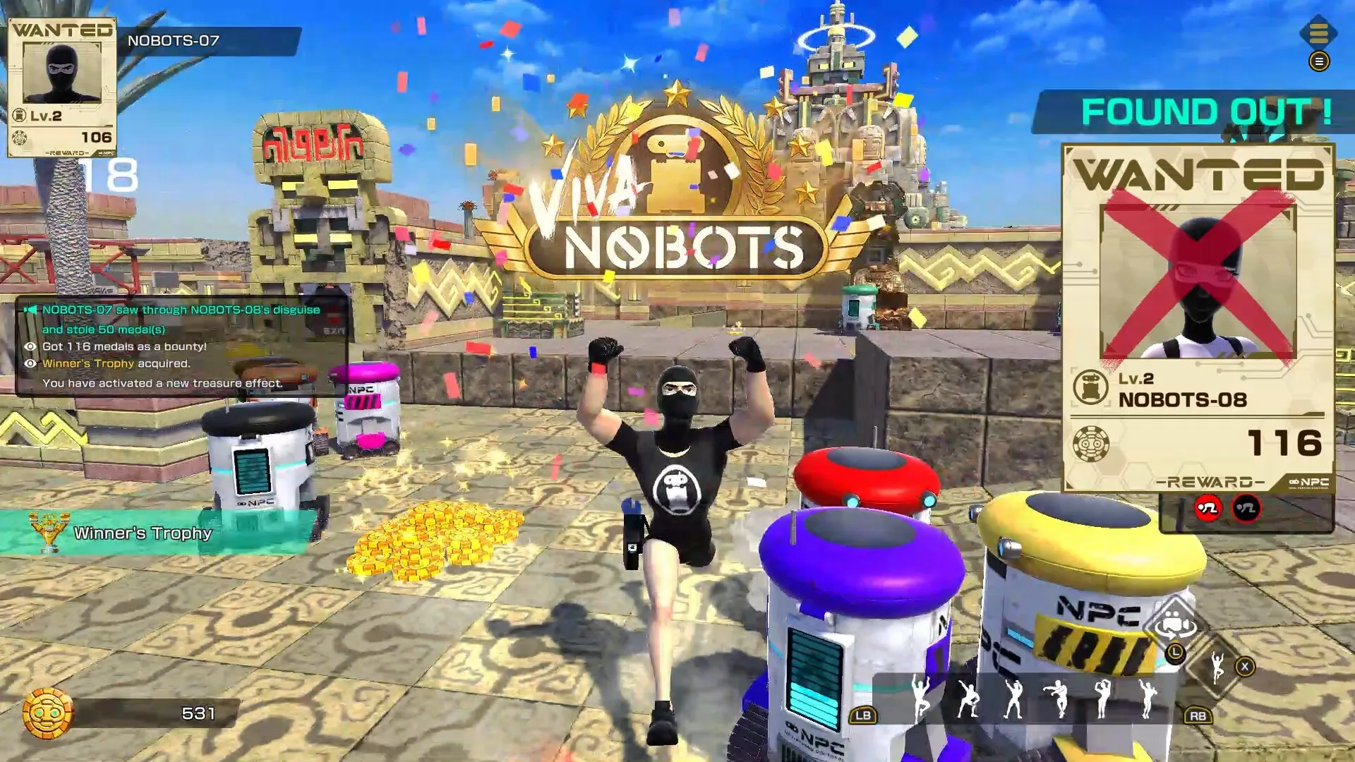 VIVA NOBOTS: Player celebrates victory in ancient temple with confetti, defeated enemy card shown.