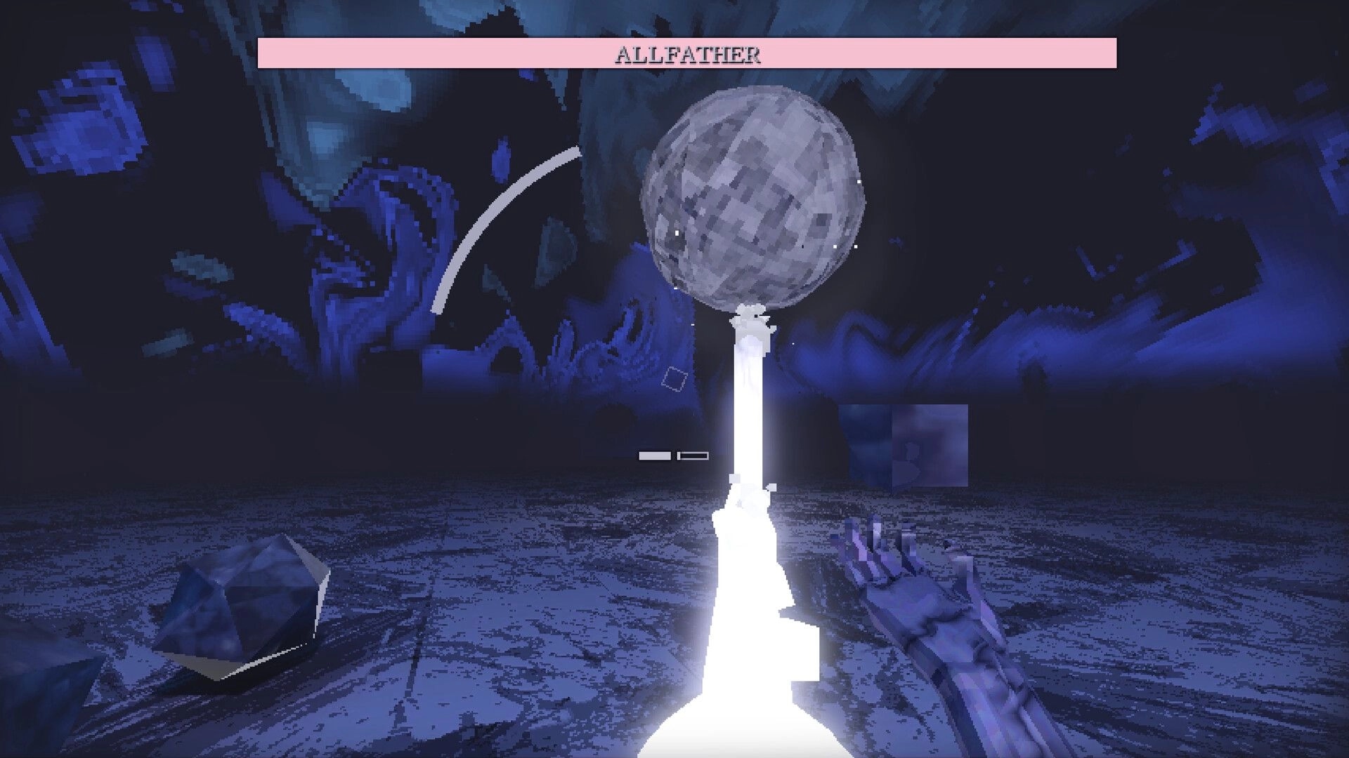 Vivid Intrusion: First-person rifle aims at orb boss ALLFATHER in a blue void arena with HUD bar.