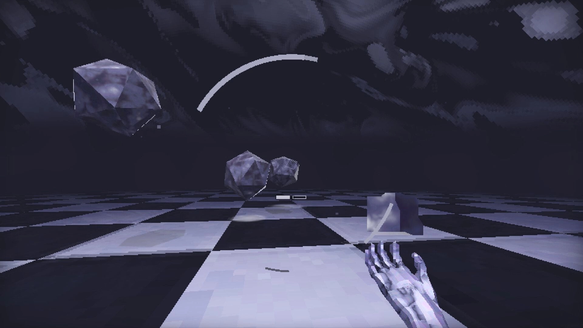 Vivid Intrusion: First-person view aiming at floating crystals on a dark checkerboard arena HUD.