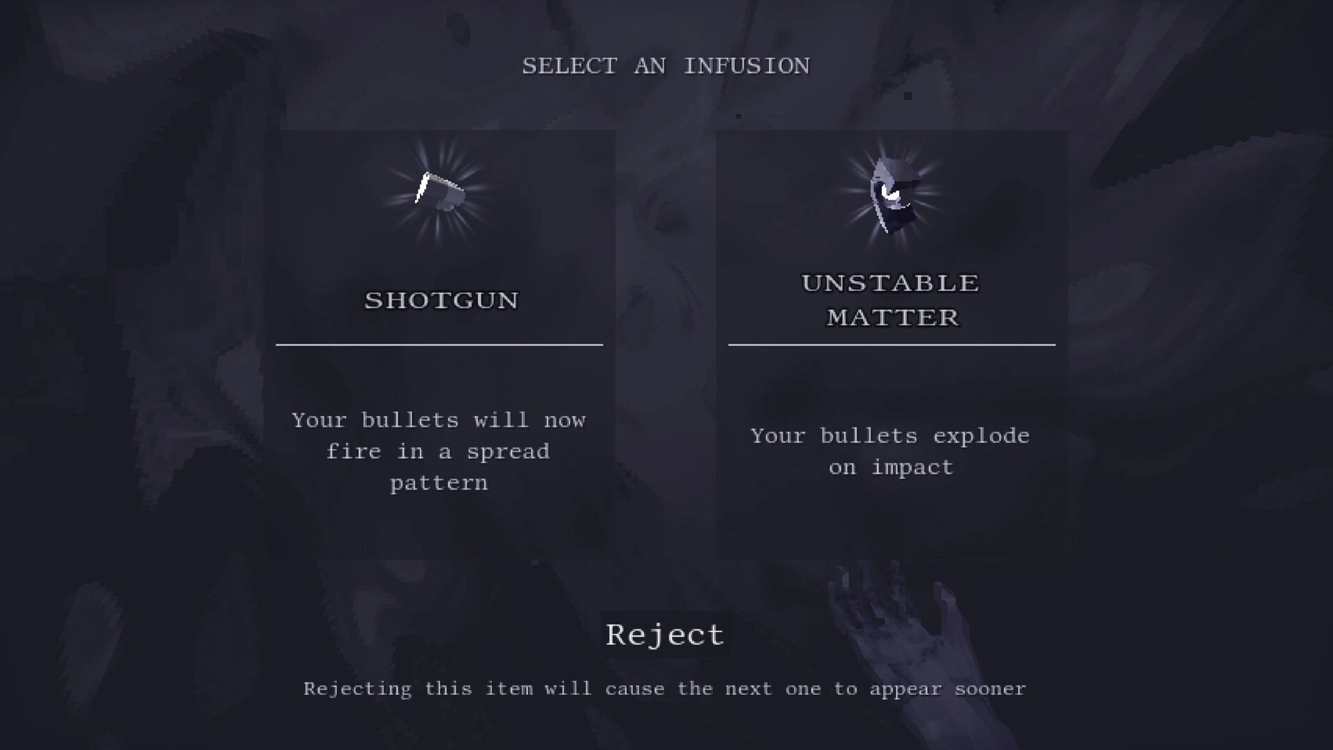 Vivid Intrusion: Infusion selection menu with Shotgun and Unstable Matter cards over dark cavern backdrop.