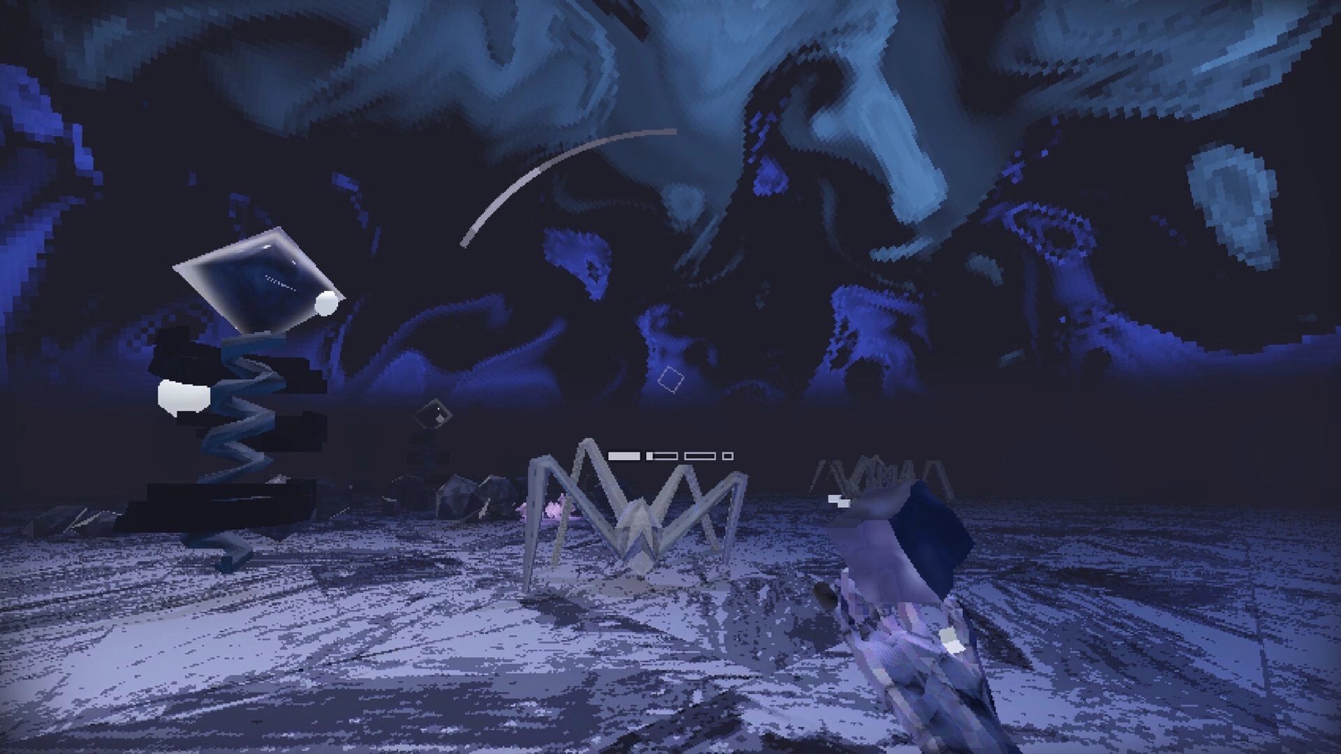 Vivid Intrusion: First-person shooter aiming at spiderlike enemies in a dark blue cavern arena HUD visible.