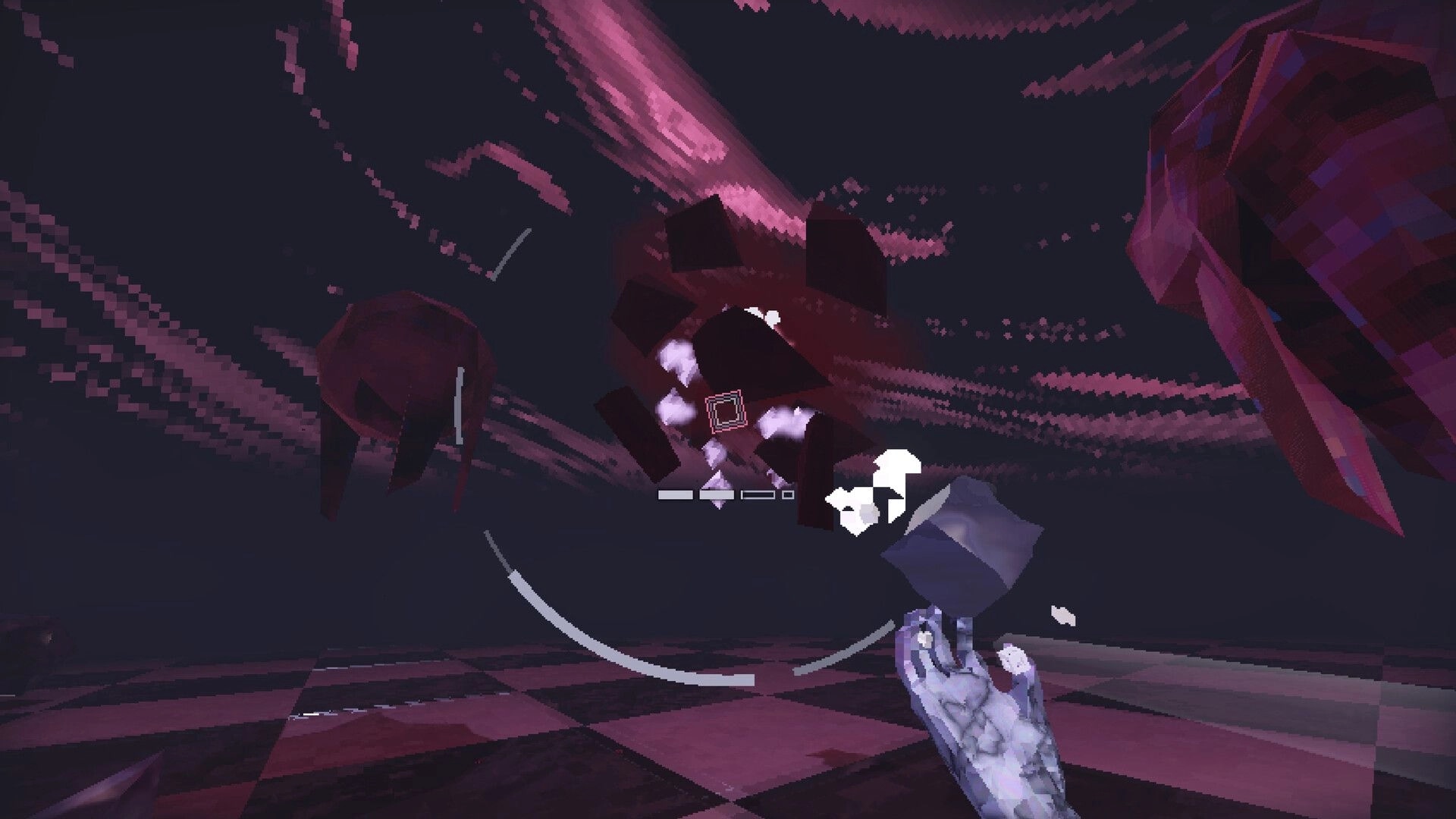 Vivid Intrusion: First-person aiming at floating purple cubes in a dark arena with crosshair UI.