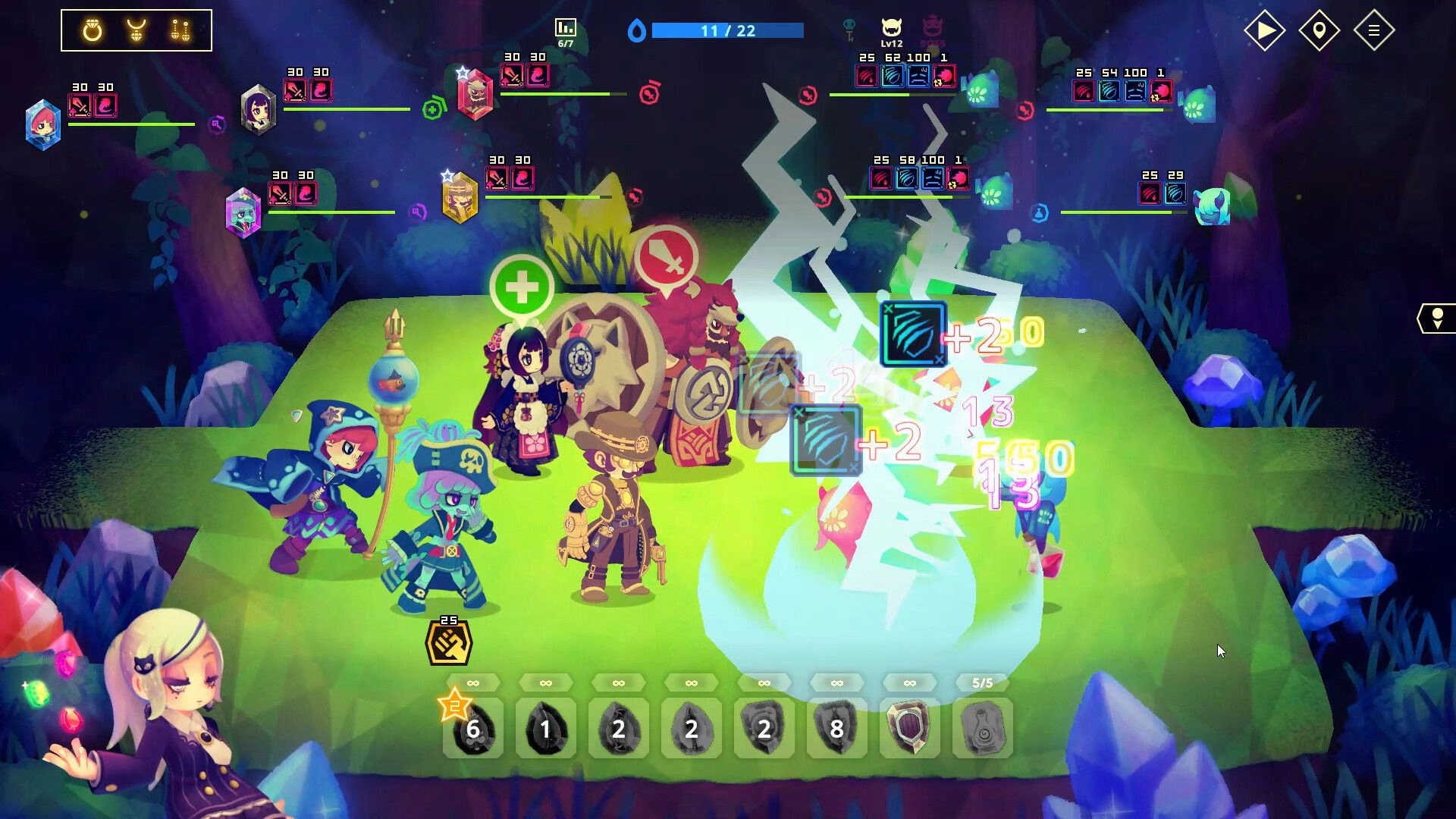 Vivid World: Lemuria and allies battle enemies in a vibrant forest with magic effects and UI stats.