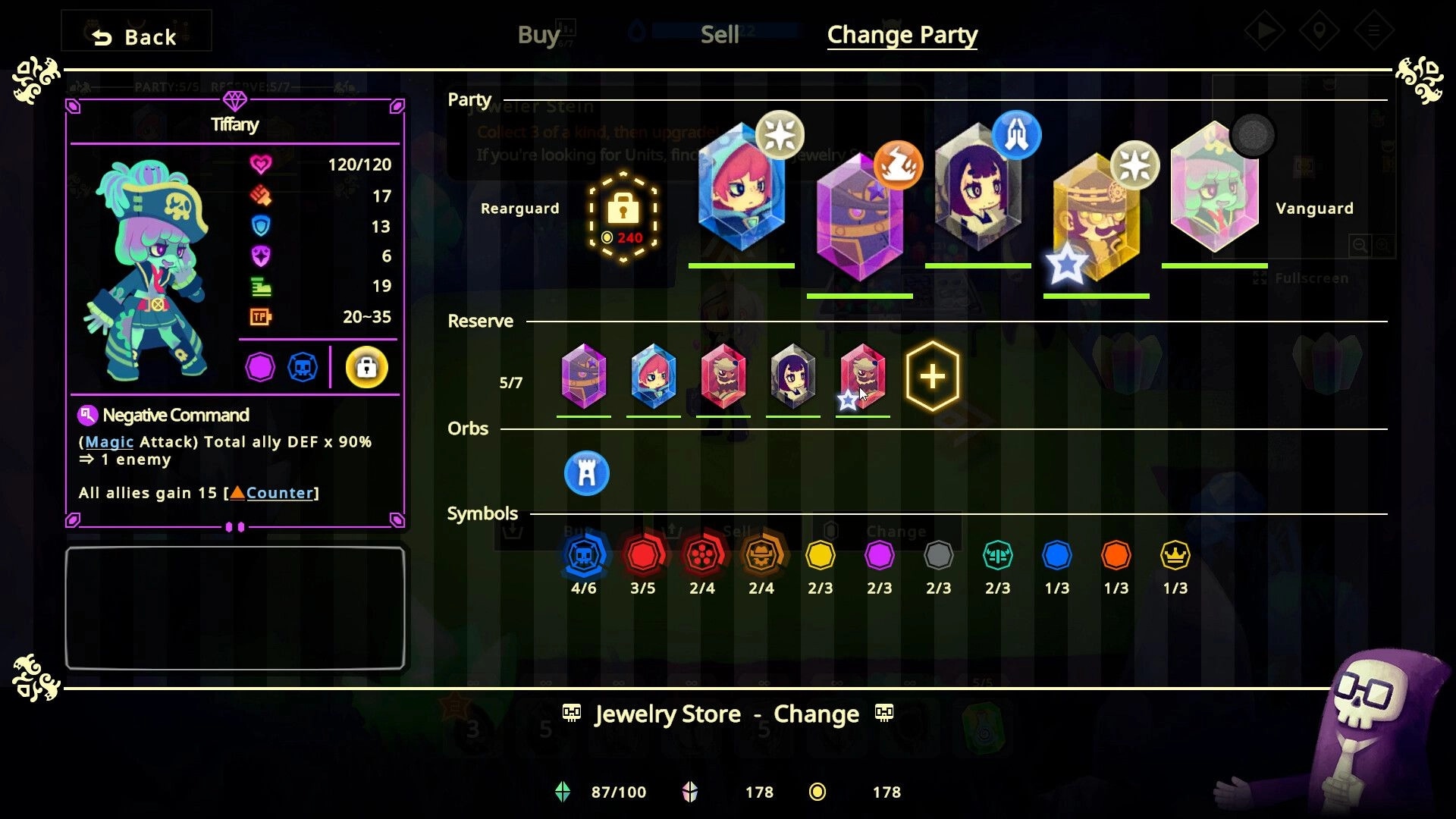 Vivid World: Party management screen with character stats and reserve slots in the Underworld setting