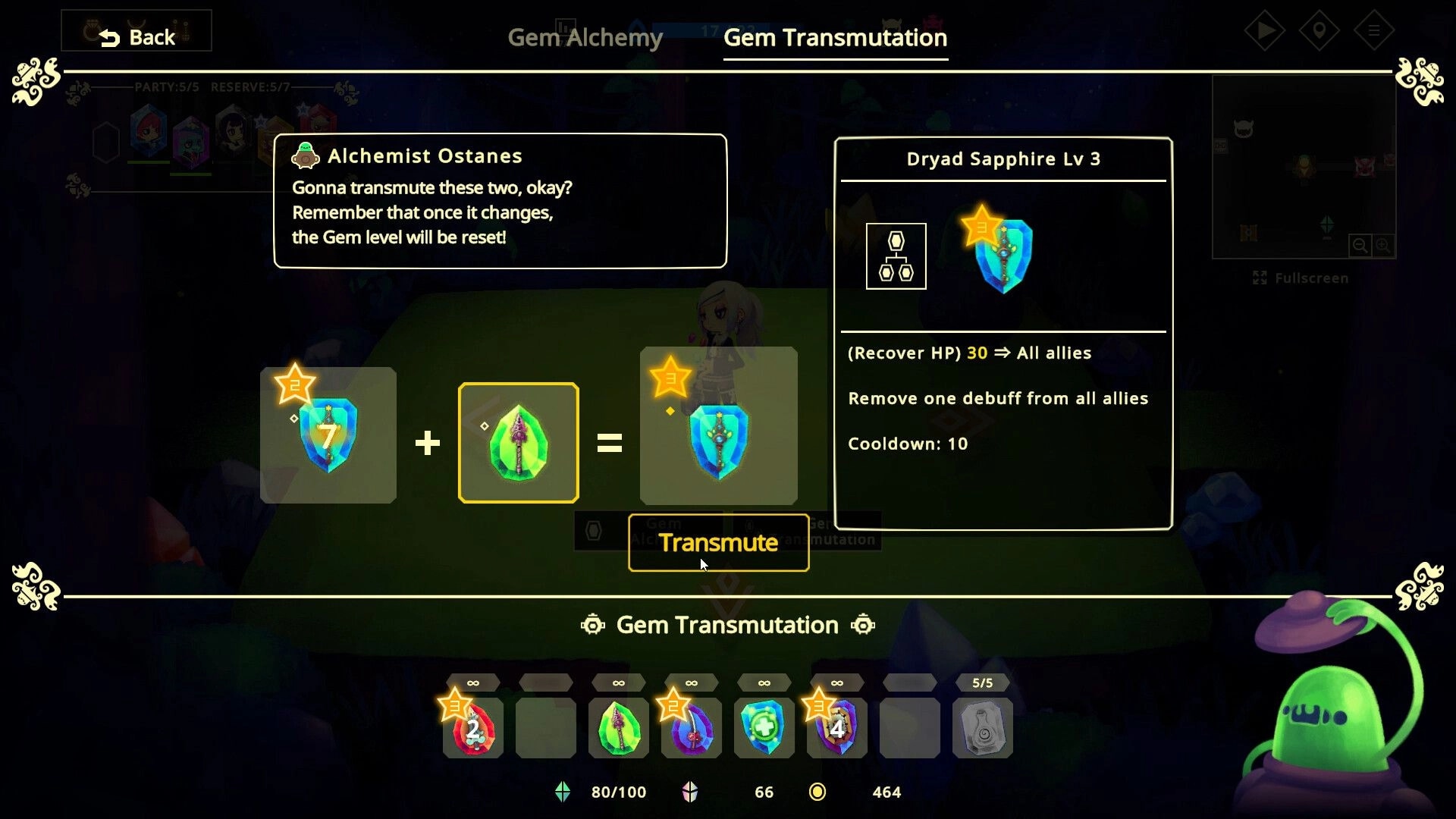 Vivid World: Gem transmutation interface with details on combining gems in a dark, mystical setting
