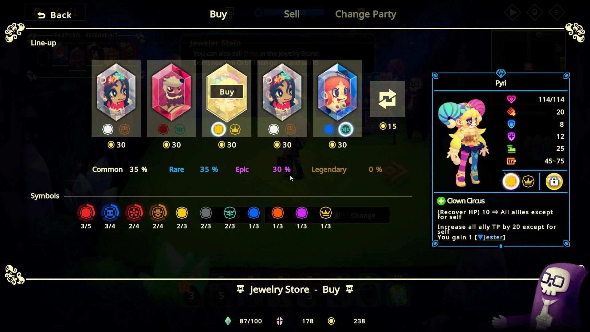 Vivid World: Jewelry store interface showing character details and buying options in the Underworld