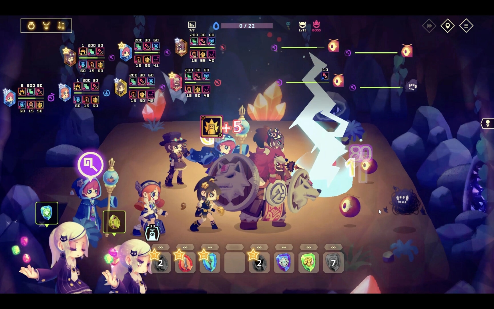 Vivid World: Lemuria leads party in strategic battle against demons within crystal-lit dungeon.