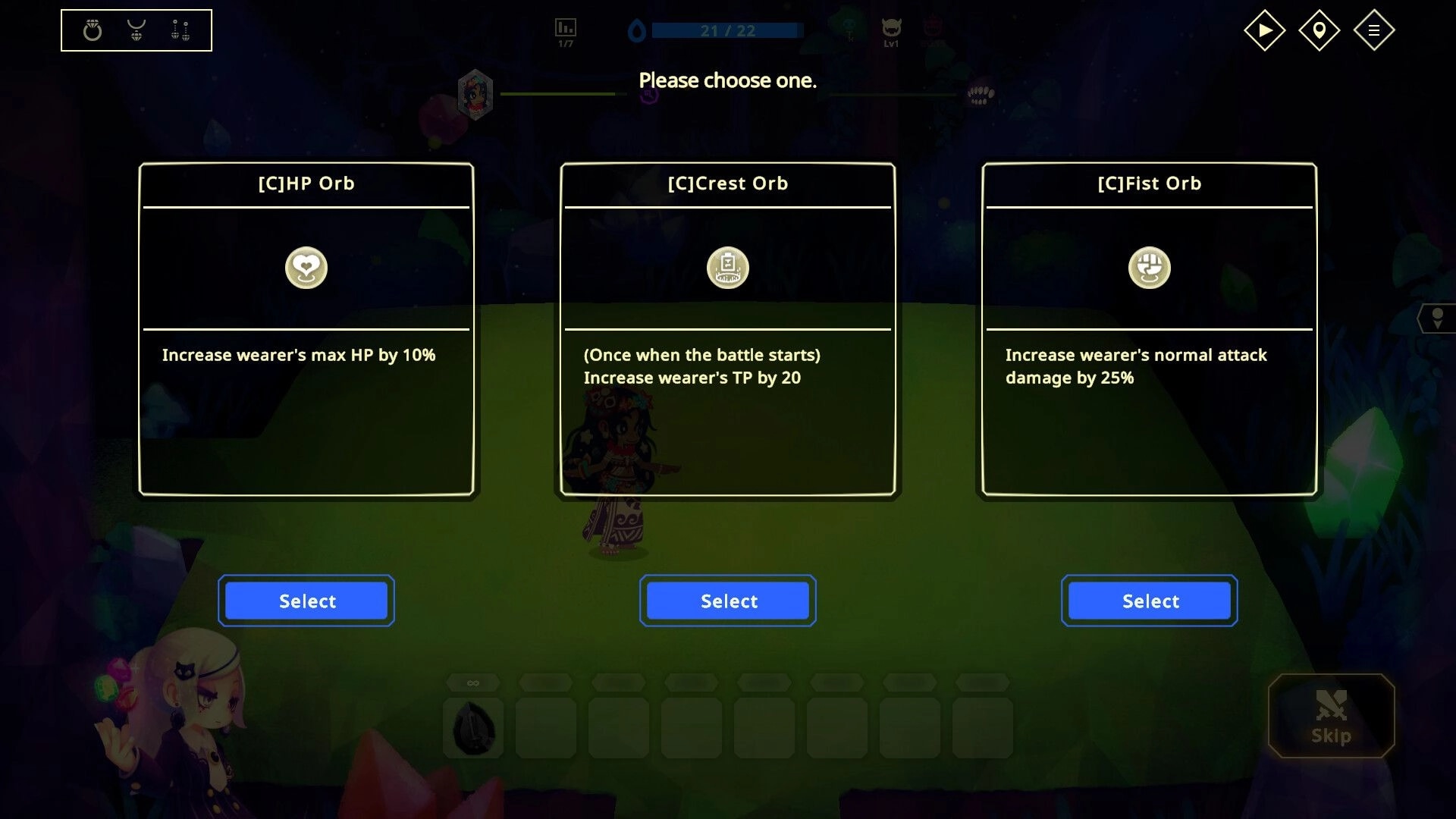 Vivid World: Item selection screen with options for HP, Crest, and Fist Orbs in a dark dungeon setting.