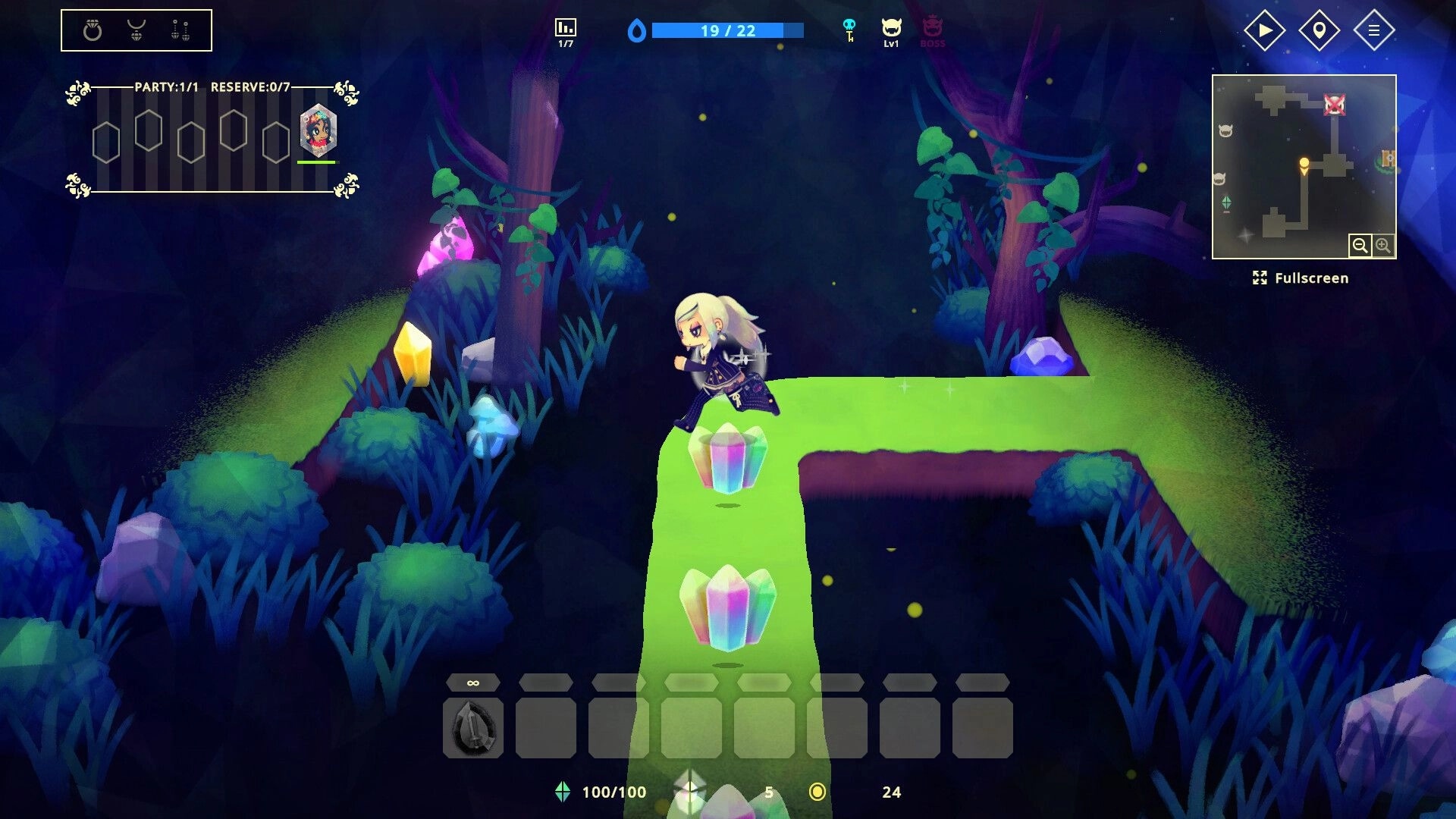 Vivid World: Lemuria runs on glowing path with colorful crystals in magical forest dungeon setting
