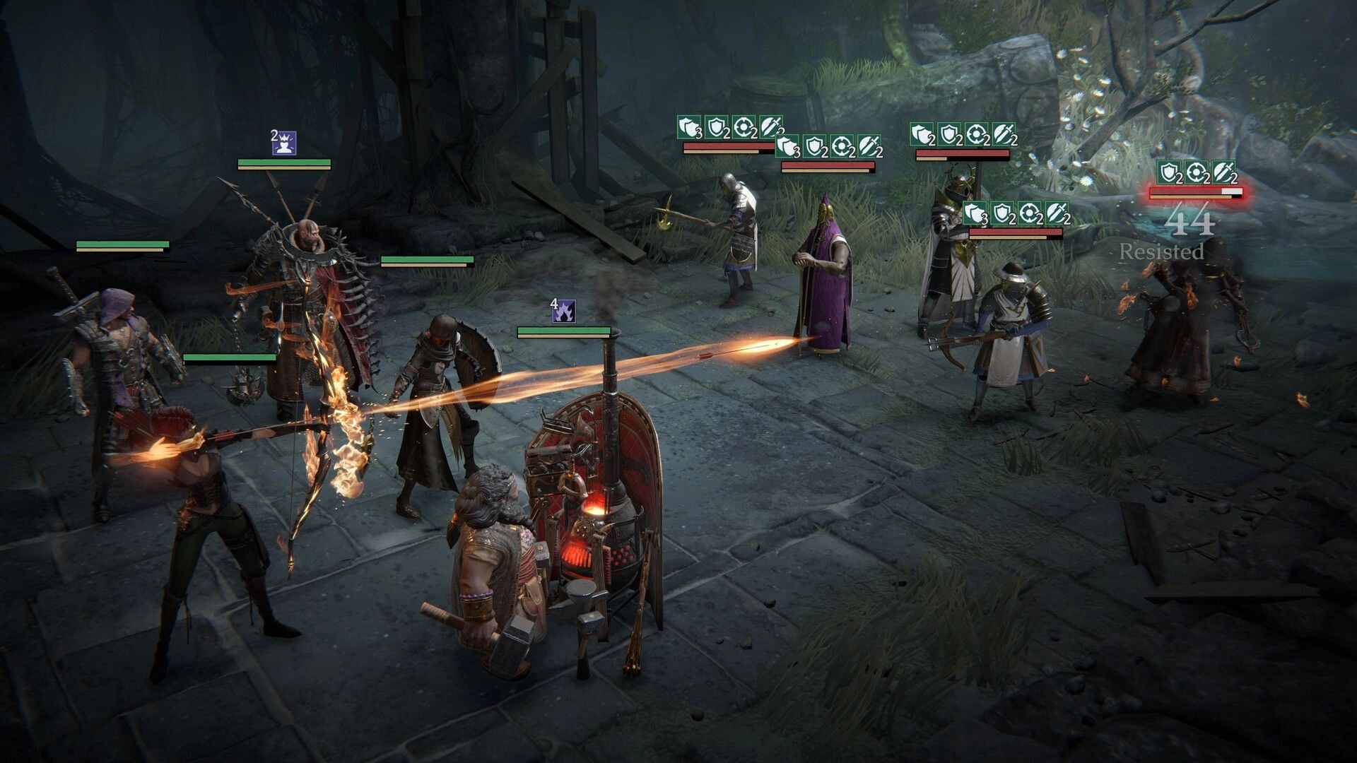 Void Hunters: Turn-based battle with archers firing at armored foes on ruined stone path UI health bars.