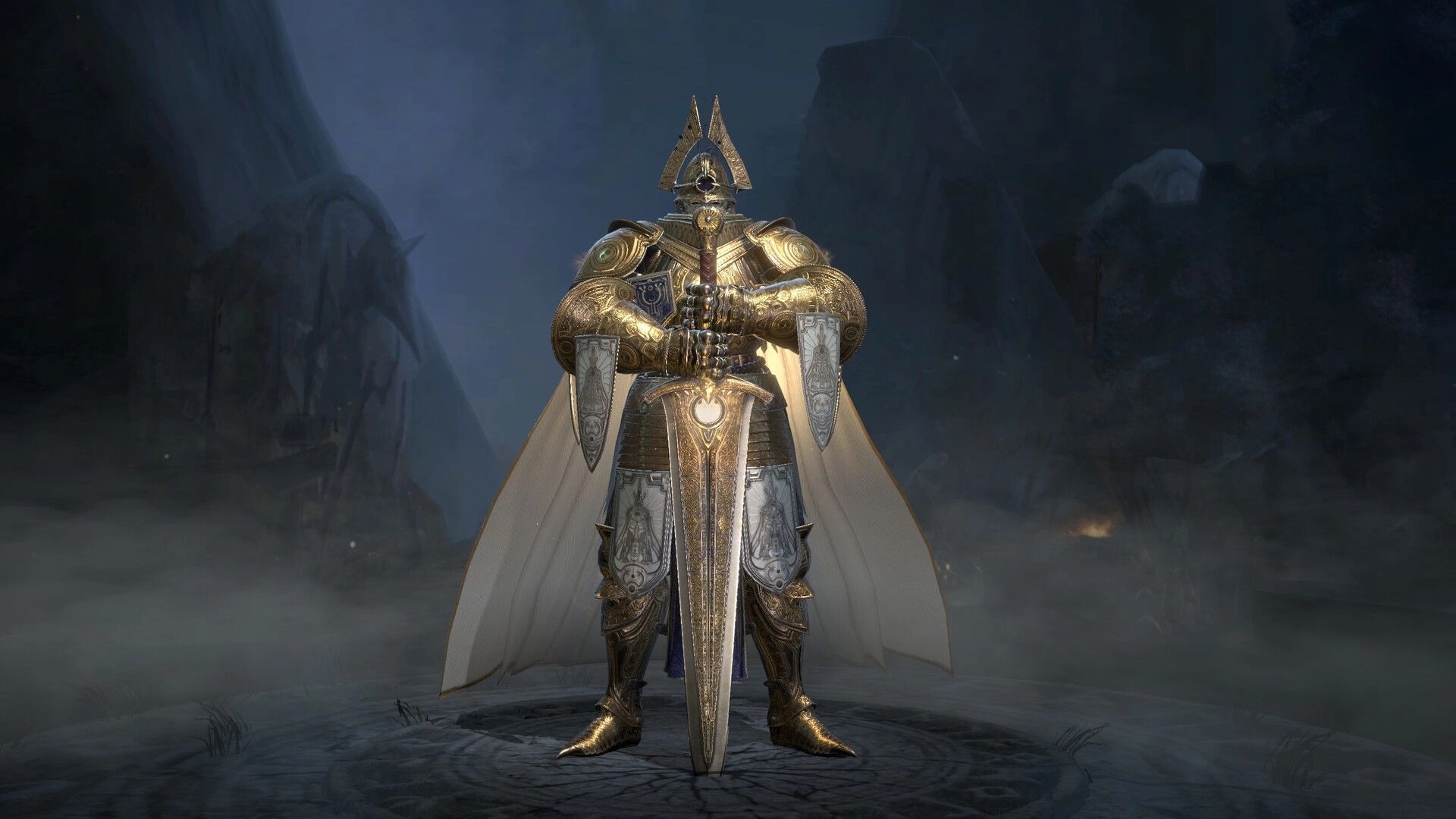 Void Hunters: Gold-armored knight grips a massive sword in a misty mountain pass at night.