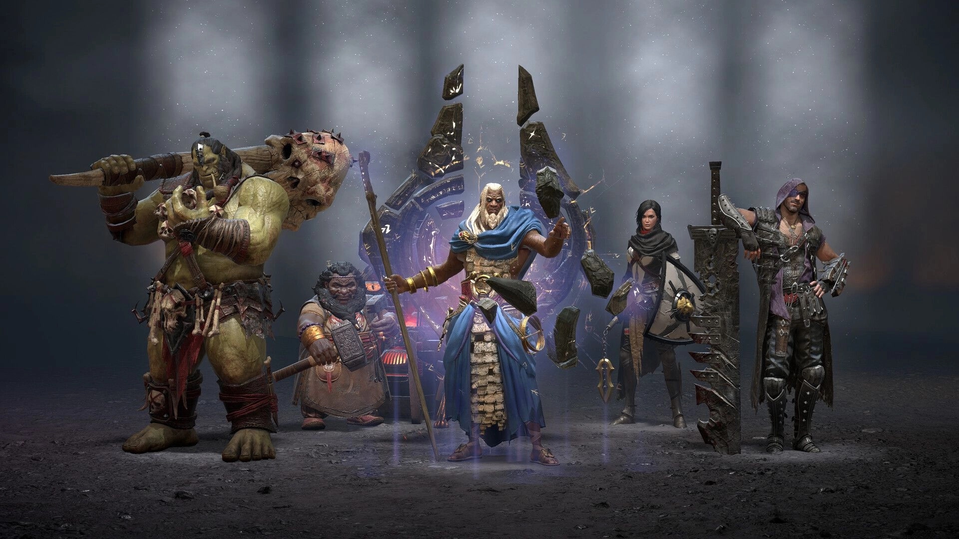 Void Hunters: Five heroes pose with weapons before a glowing portal and floating stone shards backdrop.