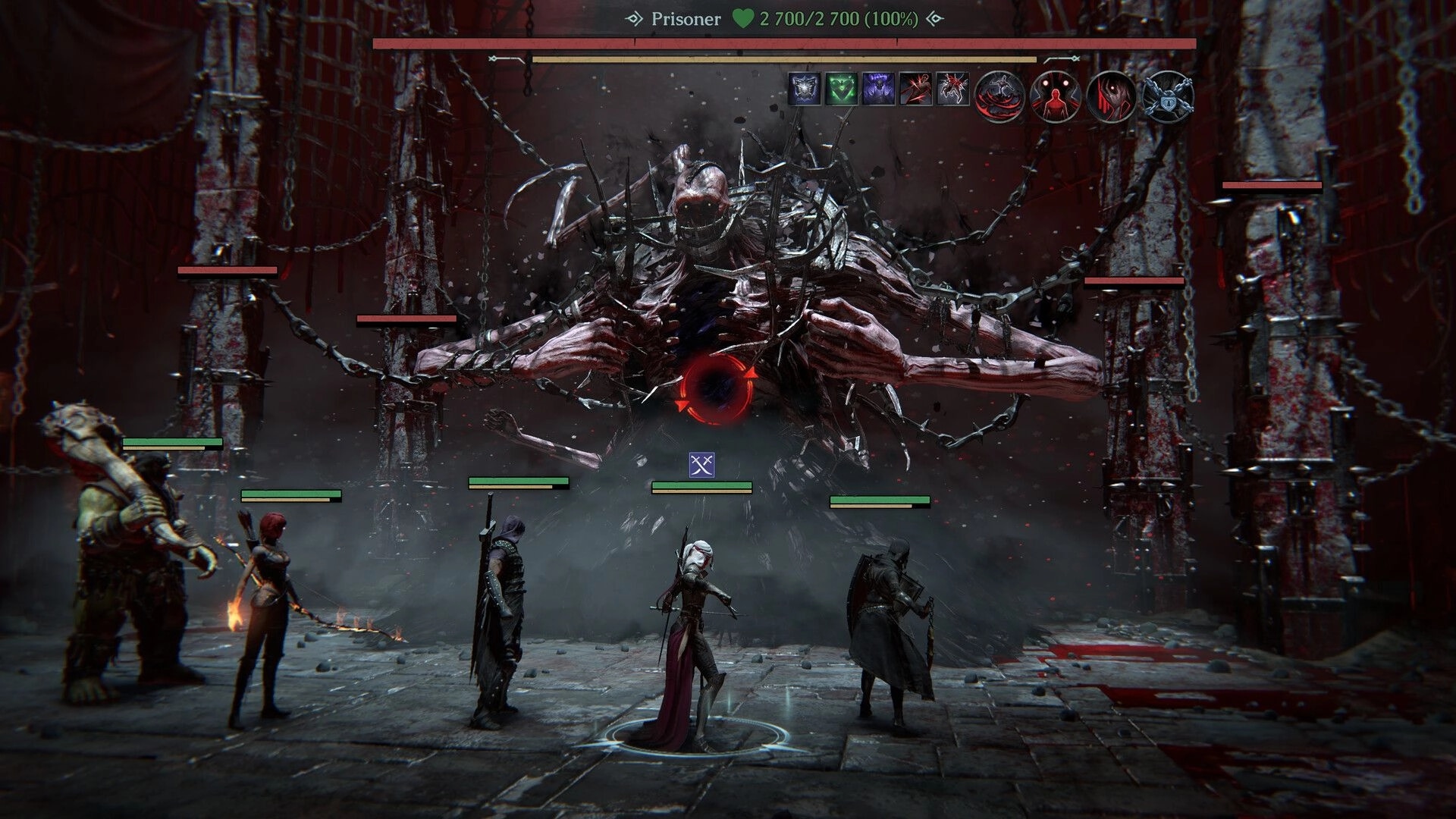 Void Hunters: Party faces giant chained boss Prisoner with HP bar and skill icons in dark arena.