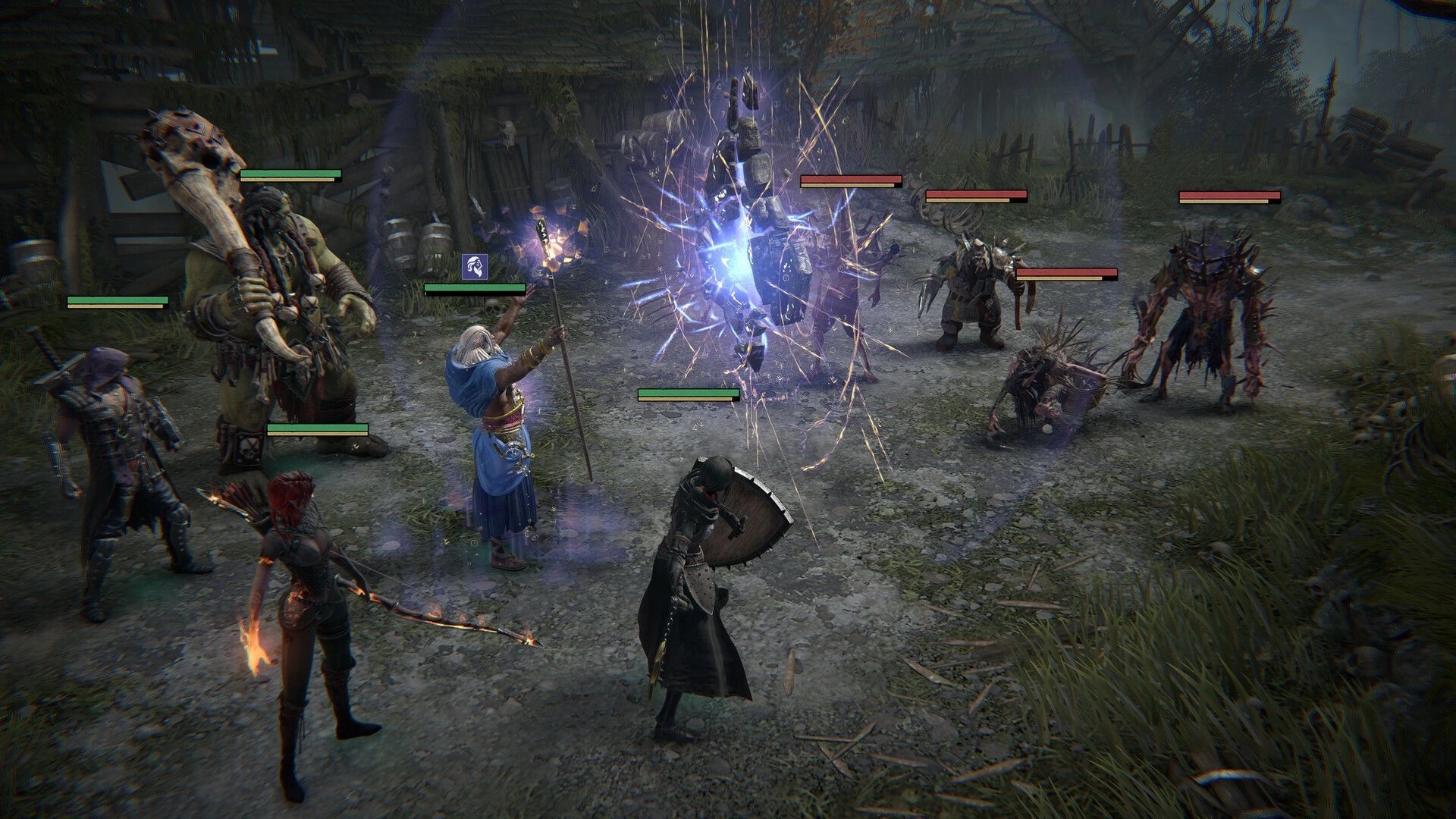 Void Hunters: Party faces monsters as lightning spell erupts, health bars over foes in ruins.