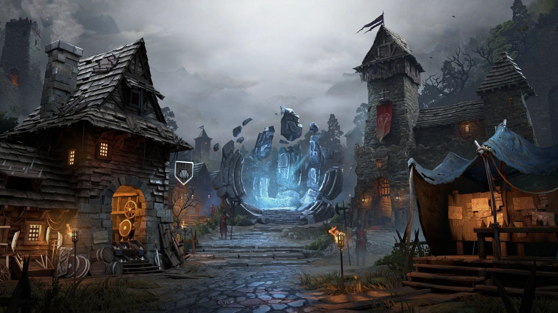 Void Hunters: Glowing blue portal with floating runestones in a misty medieval town square hub.