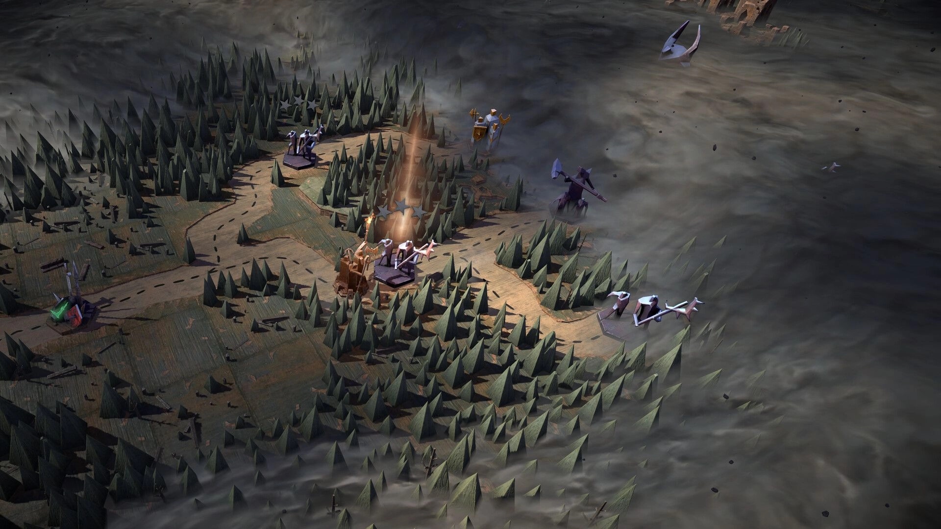 Void Hunters: Overworld map with squad icons and star marker on winding roads through foggy forest tiles.