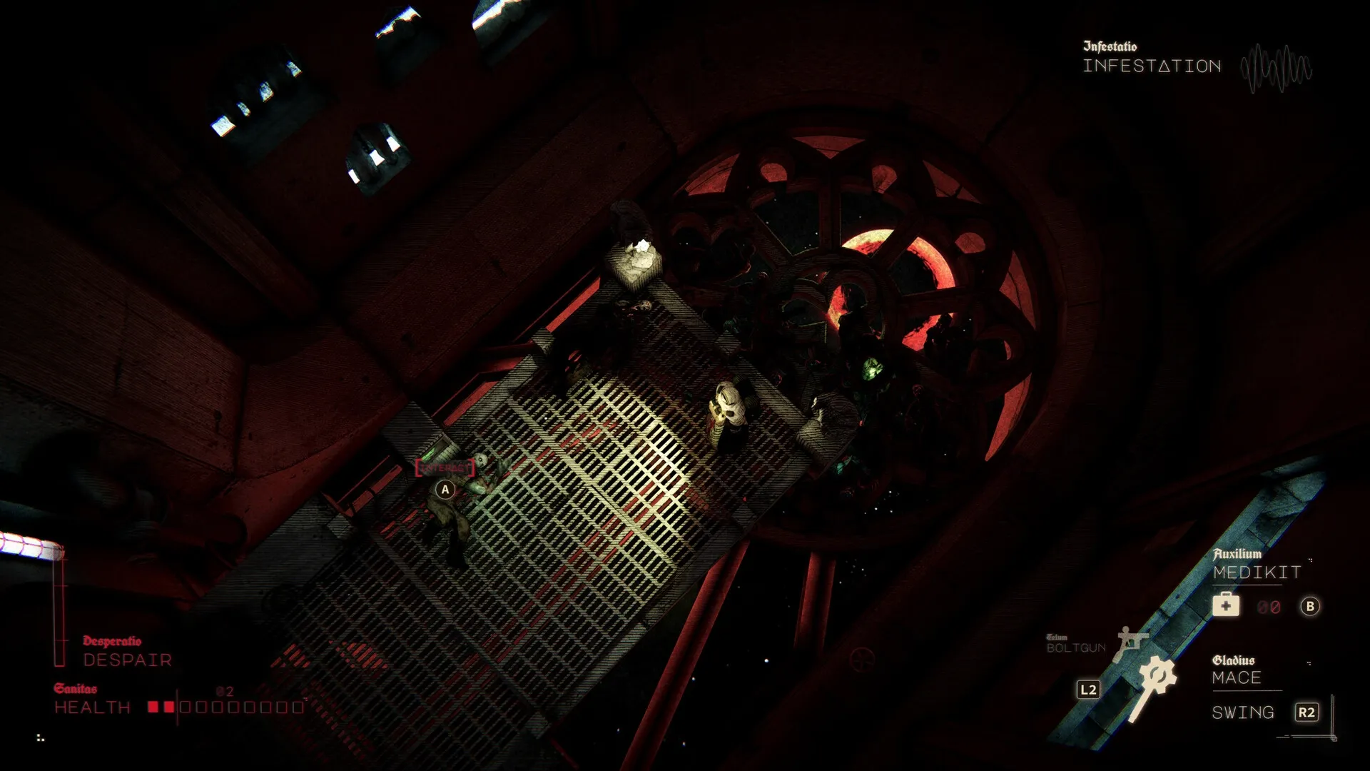 Void Martyrs: Nun in space suit on grated platform with red moon backdrop inside cathedral-like structure
