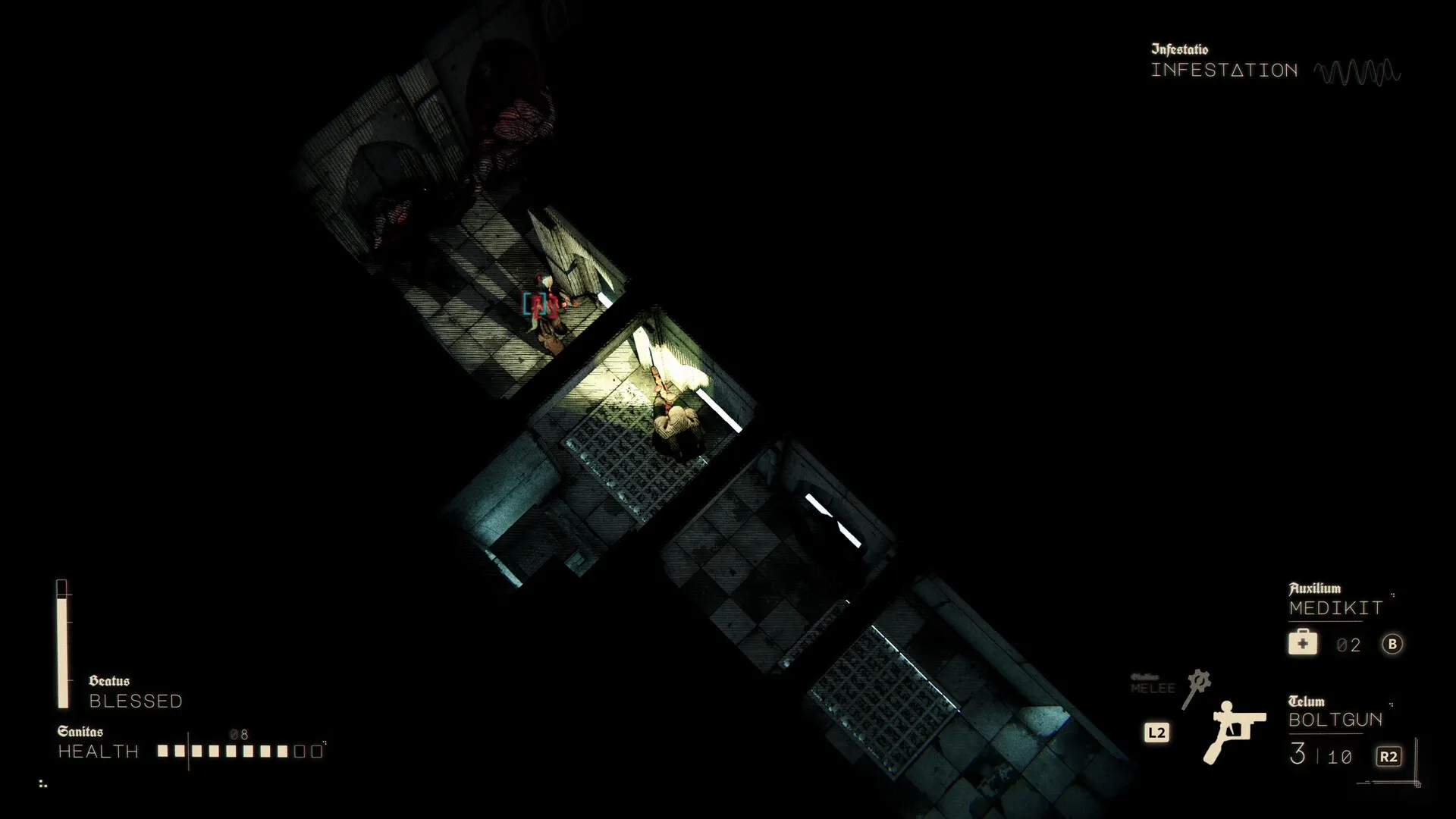 Void Martyrs: Nun in dim corridor, flashlight on wall; health and weapons HUD visible; infestation alert.