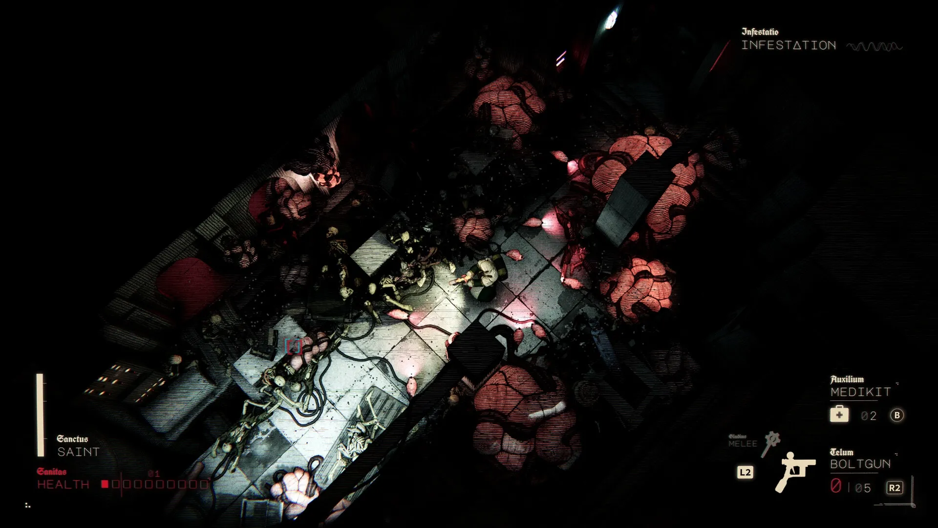 Void Martyrs: Top-down view of nun in space suit exploring dark, infested corridor with UI health display