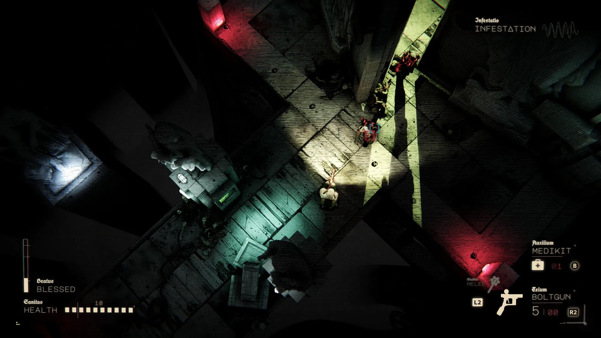 Void Martyrs: Overhead view of a nun battling enemies in a dimly lit corridor with UI elements displayed.