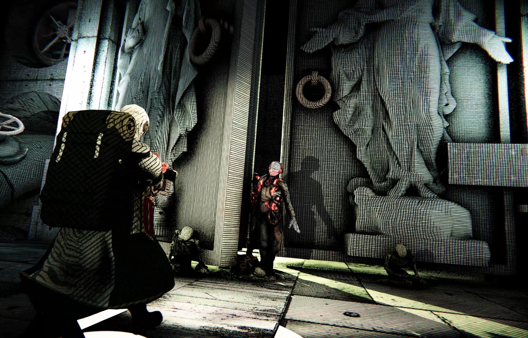 Void Martyrs: Nun in space suit approaches biomechanical enemy in cathedral-like corridor