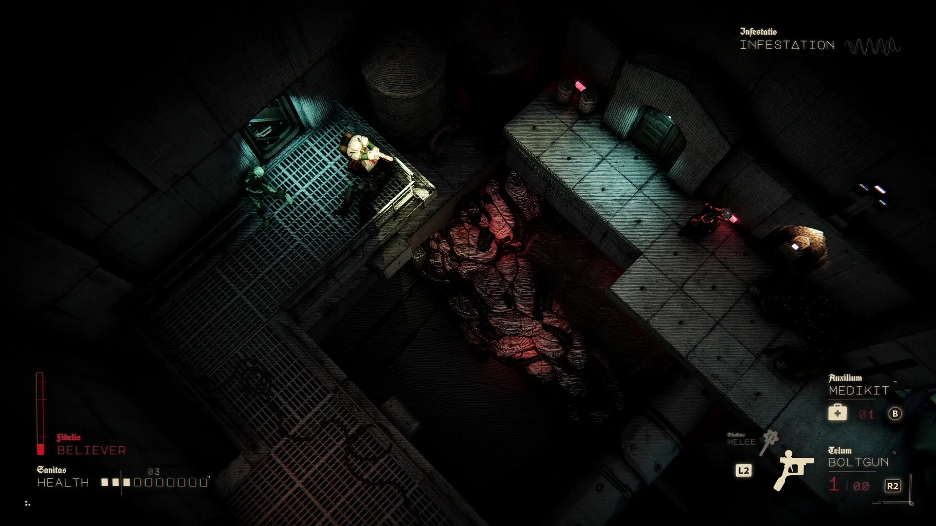 Void Martyrs: Nun in space suit explores dark corridor with inventory UI and infestation indicator visible.