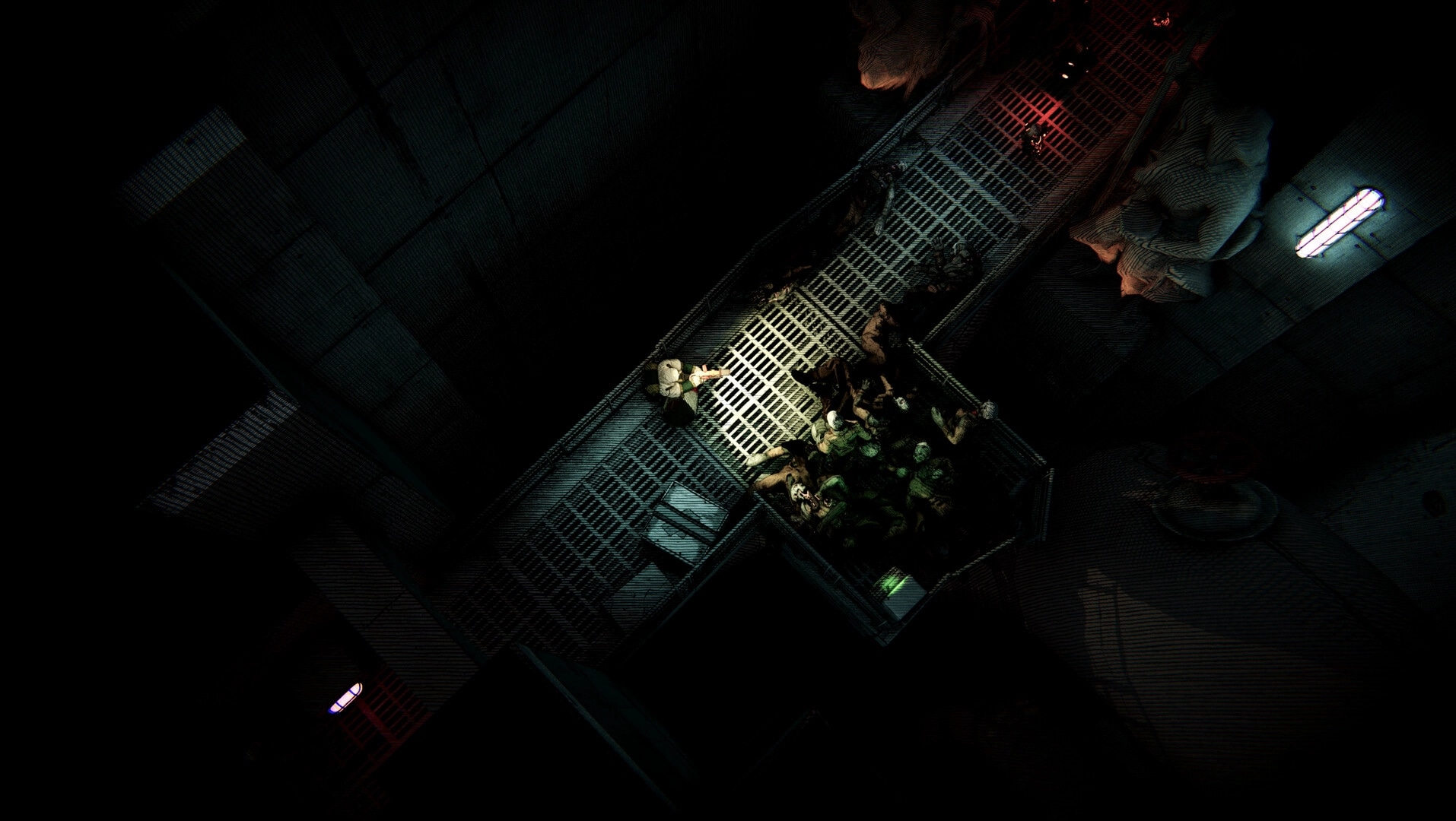 Void Martyrs: Nun in spacesuit explores dark, industrial corridor with bodies and eerie lighting