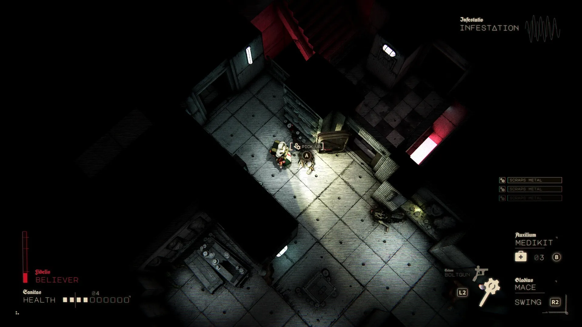 Void Martyrs: Nun scavenges resources in dimly lit corridor with inventory and health UI displayed