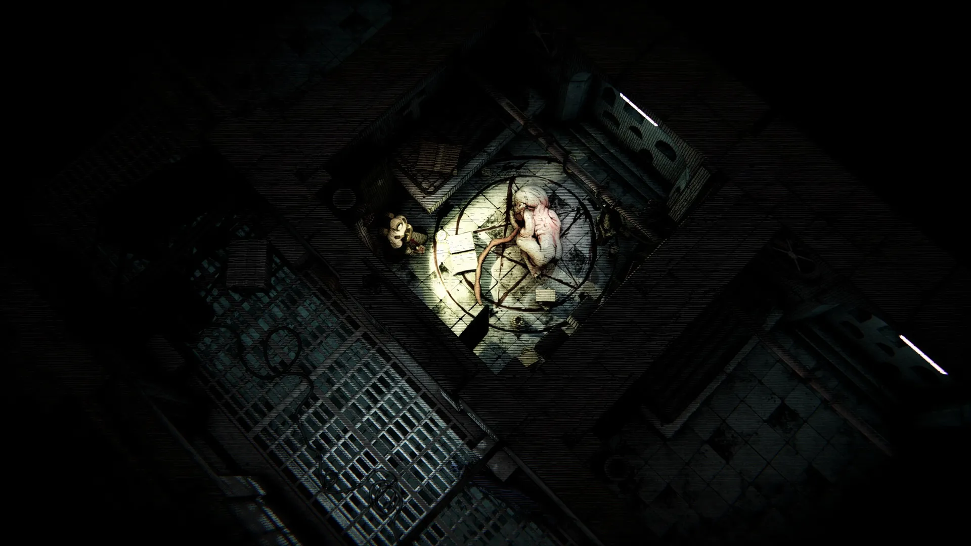 Void Martyrs: Nun in space suit confronts a biomechanical creature in a dimly lit, industrial chamber.