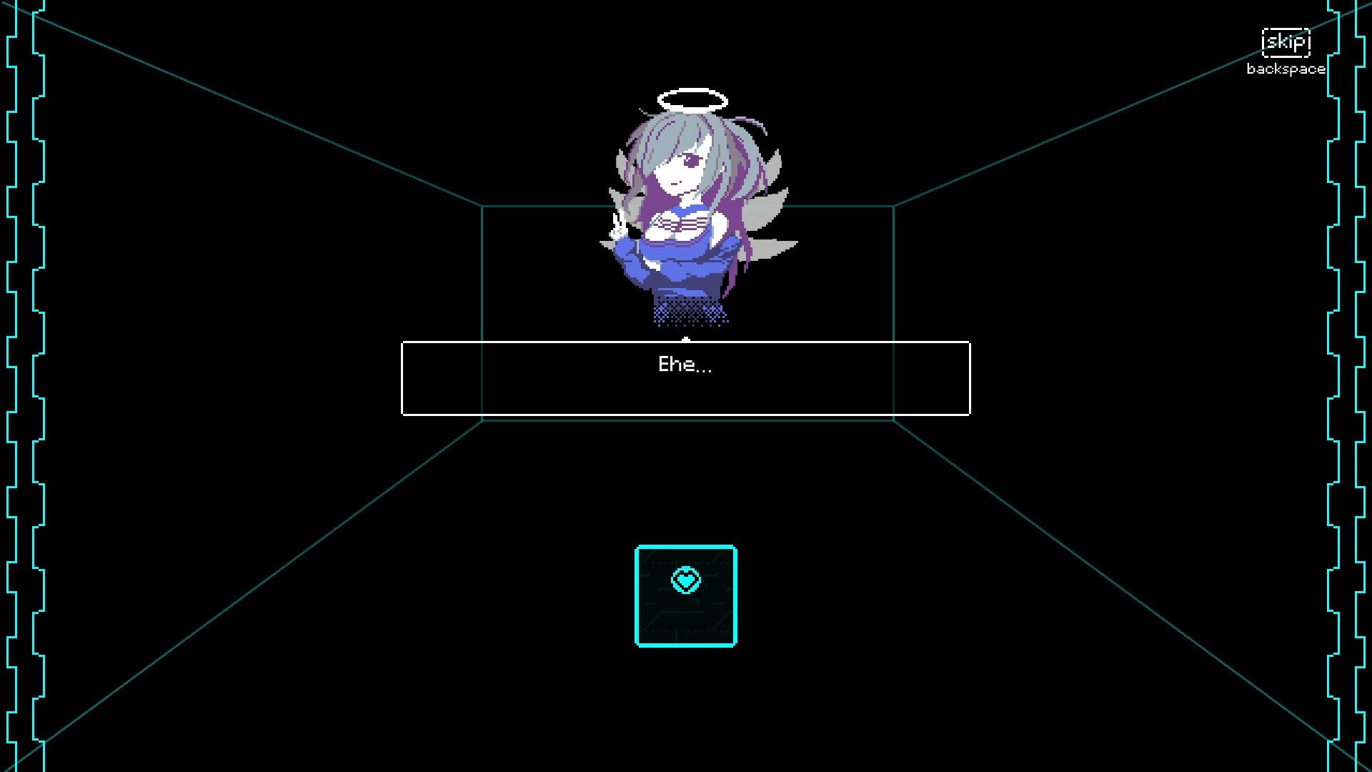Void of Lilly: Character with halo and wings in dialogue box, minimalist black and blue interface.