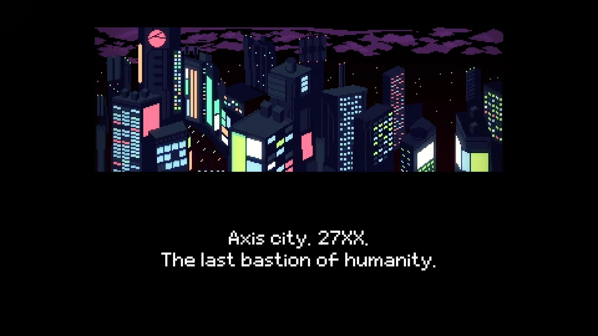 Void of Lilly: Neon-lit cityscape at night with text describing Axis city as humanity's last bastion.