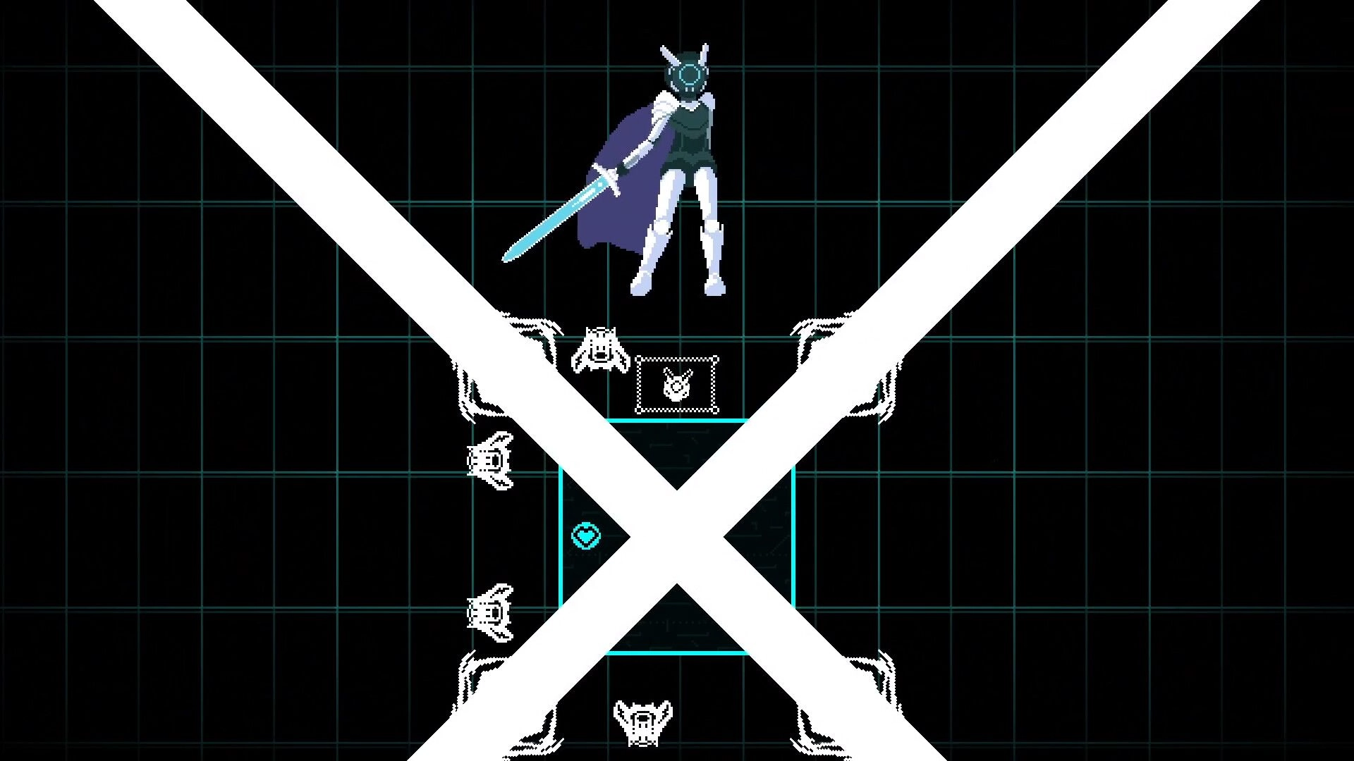 Void of Lilly: Character with sword stands on grid with enemies and health icon in Bullet Hell battle