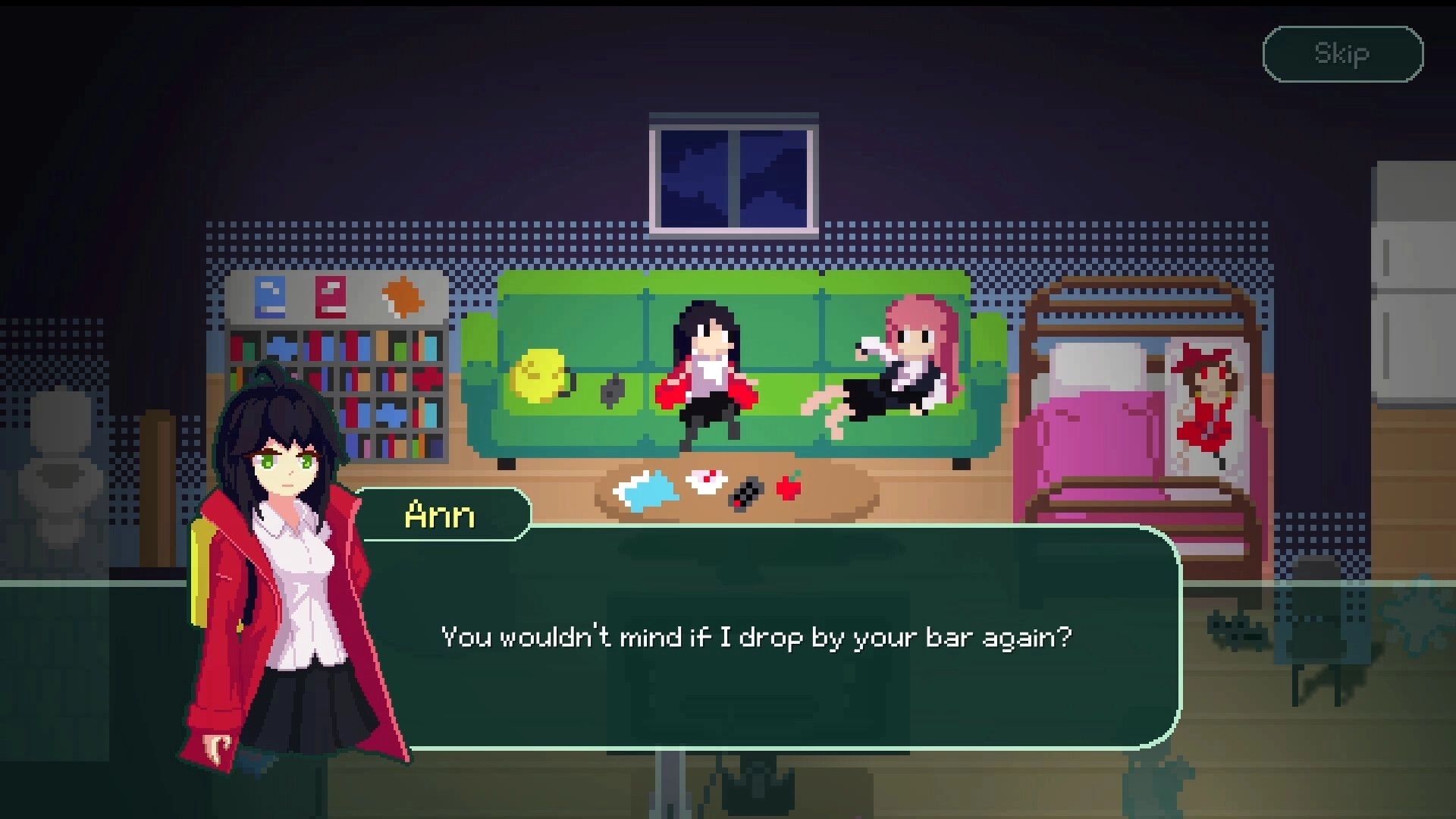 Void of Lilly: Ann in dialogue with character on green couch in cozy room with bookshelf and bed.