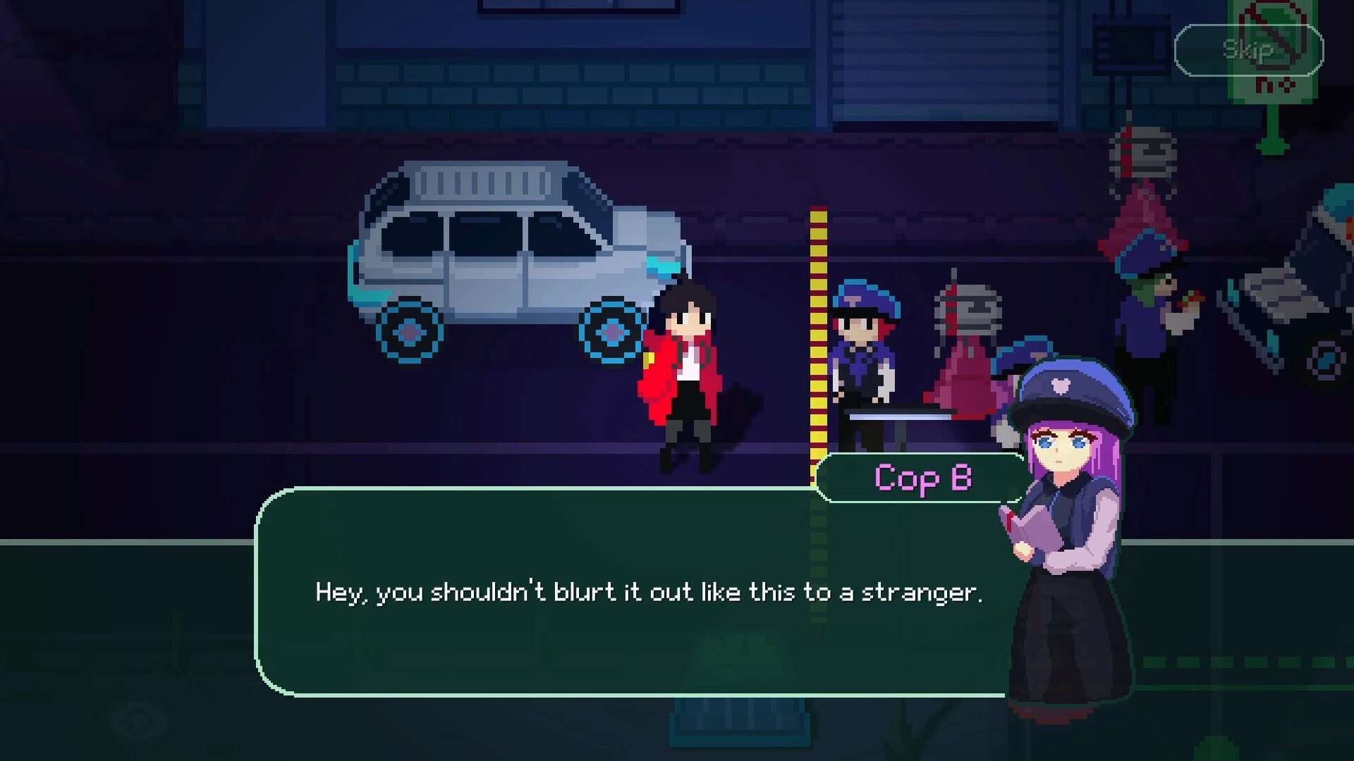 Void of Lilly: Ann talks to Cop B on a dim street with a parked vehicle and conversation text displayed.