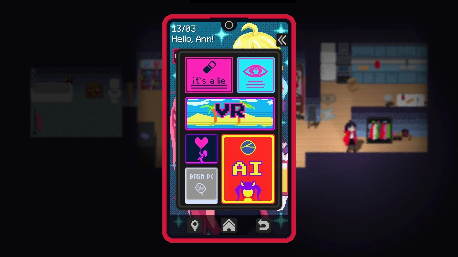 Void of Lilly: Ann's futuristic phone interface with VR, AI, and other apps in a cozy room setting.
