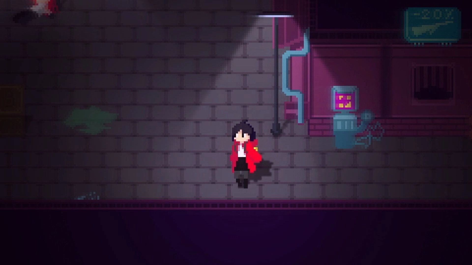 Void of Lilly: Ann exploring dimly lit alley with graffiti, lamp post, and futuristic vending machine.