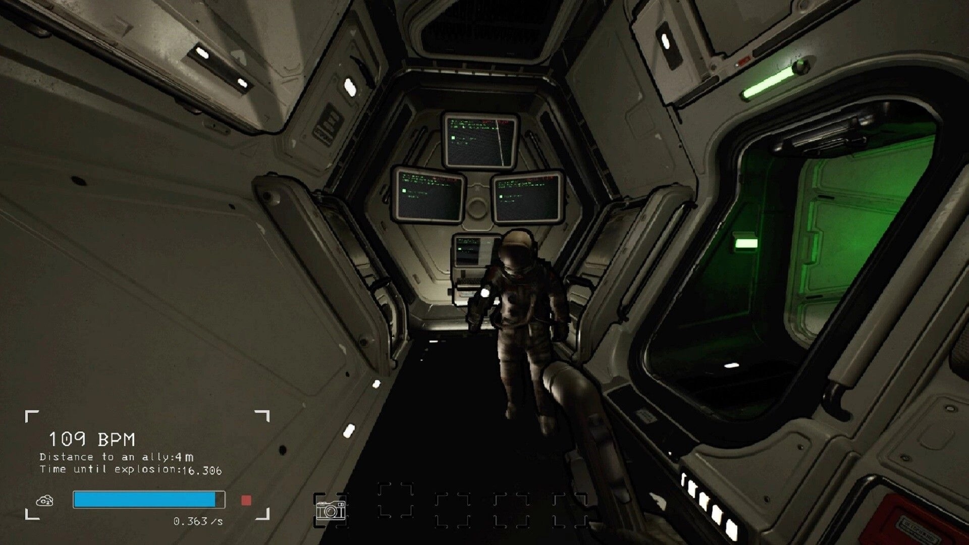 Void Raid: Astronaut navigates narrow corridor with screens, UI displaying status and countdown timer.